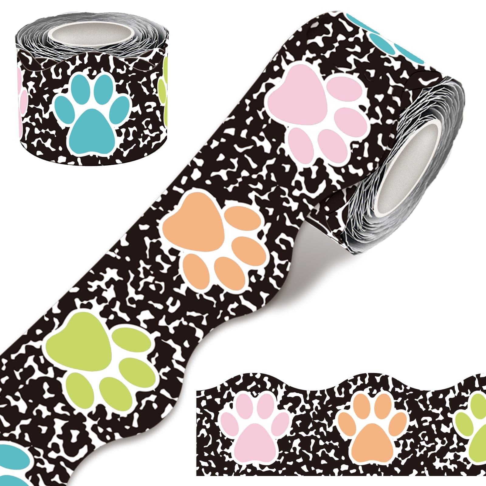 100 Feet Paw Bulletin Board Borders-Black and White Composition Scalloped Border Trims-Classroom Borders Decoration for Walls, Desks, Windows,Lockers, Schools, Classrooms, Homeschool & Offices(Color)