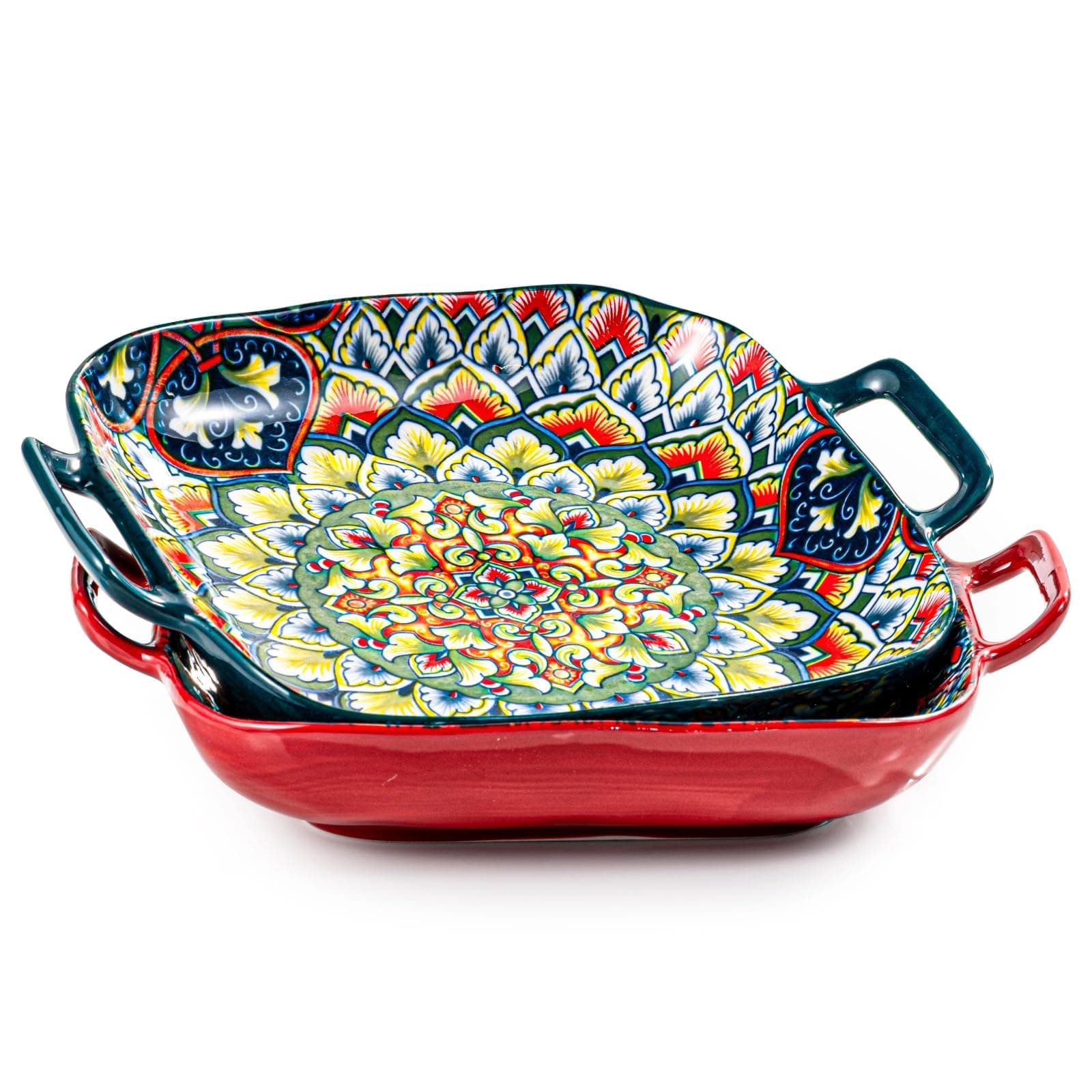 Besmeety Pasta Bowls with Handle, Ceramic Salad Bowls Set of 2 (Green+Red)