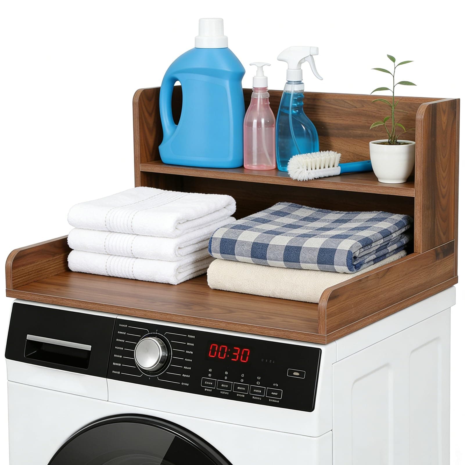 Plan de Travail Machine à Laver 60 × 60, Bois Plan de Travail Buanderie avec Etagère à 2 Niveaux, Planche Machine a Laver Imperméable et Montage Rapide, Washer Dryer Countertop (Noyer)