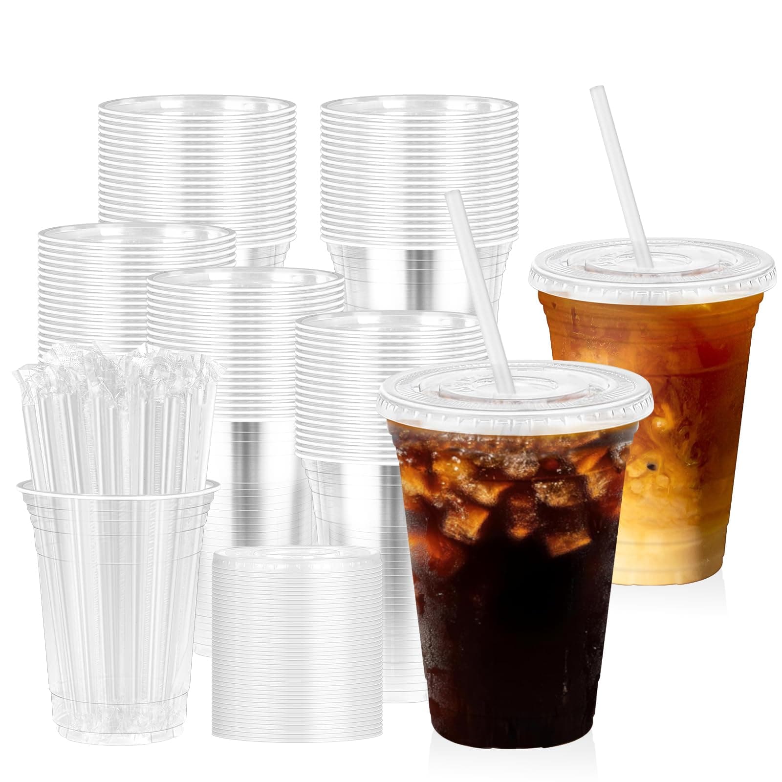 16 oz 100 Pack Clear Plastic Cups with Lids and Straw,Leak-Proof Durable,to-Go Cold Coffee Cups,Disposable Cold Drink Cups for Parties, Outdoor Events, Cafes, and Smoothies