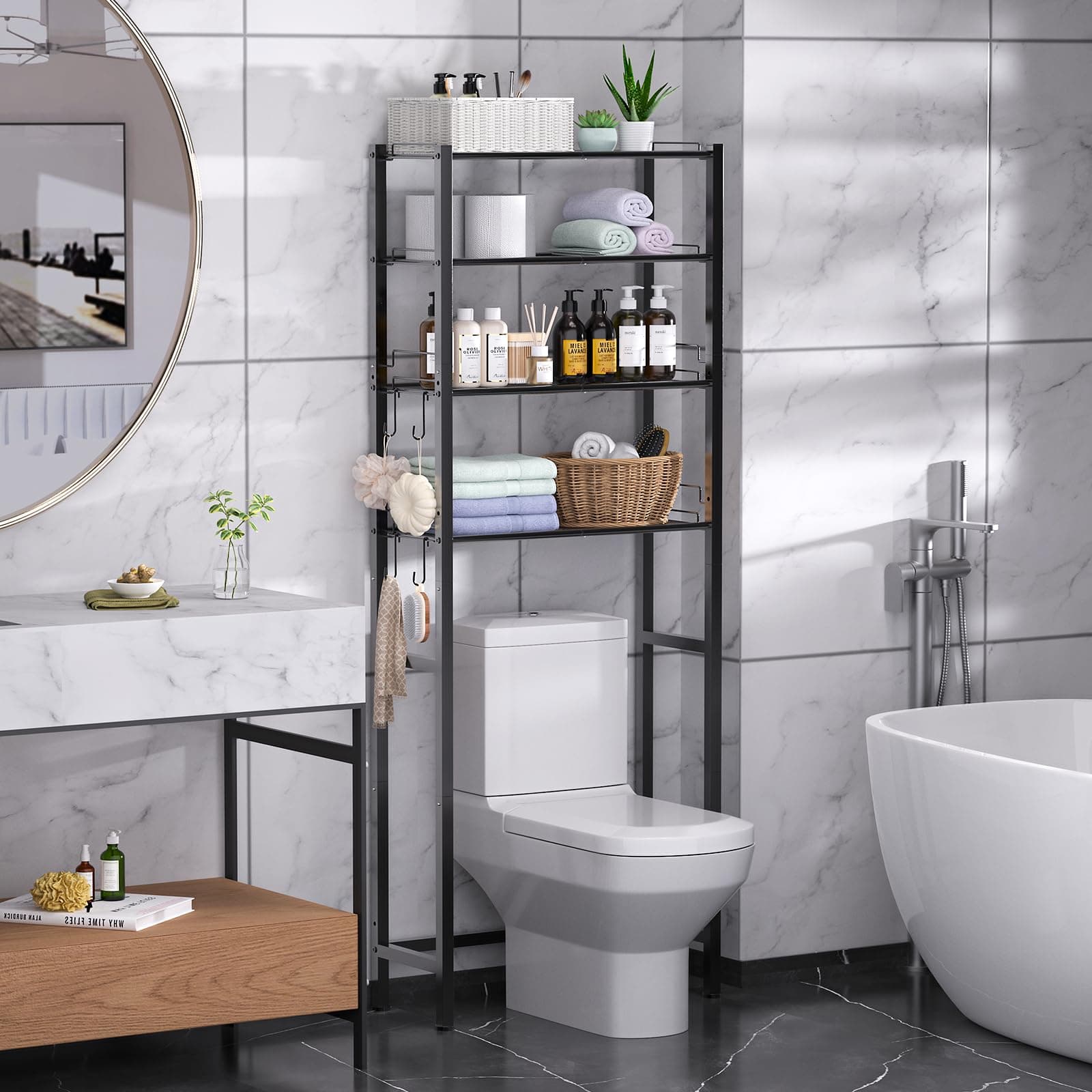 samstar 4 Tier Over The Toilet Storage Rack, Bathroom Organizer Shelves Above Toilet, with Adjustable Height Freestanding Shelf Space Saver, Black