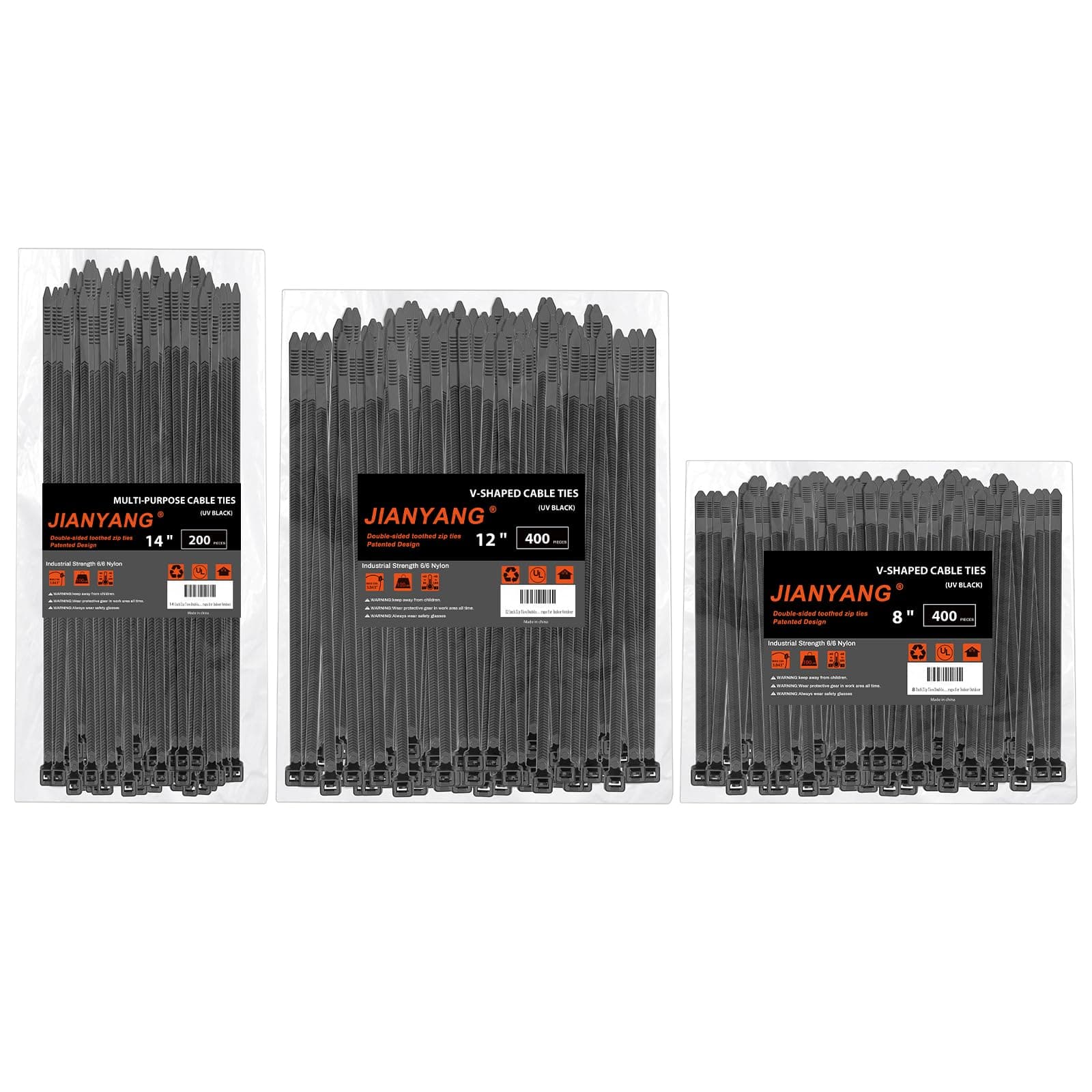 Zip Ties Assorted Size,8+12+14 Inch V-Shaped Toothed Double Sided Toothed,100 LBS Tensile Strength Heavy Duty Cable Wire Ties More Durable Nylon Tie Wraps for Indoor Outdoor（1000 Pack）