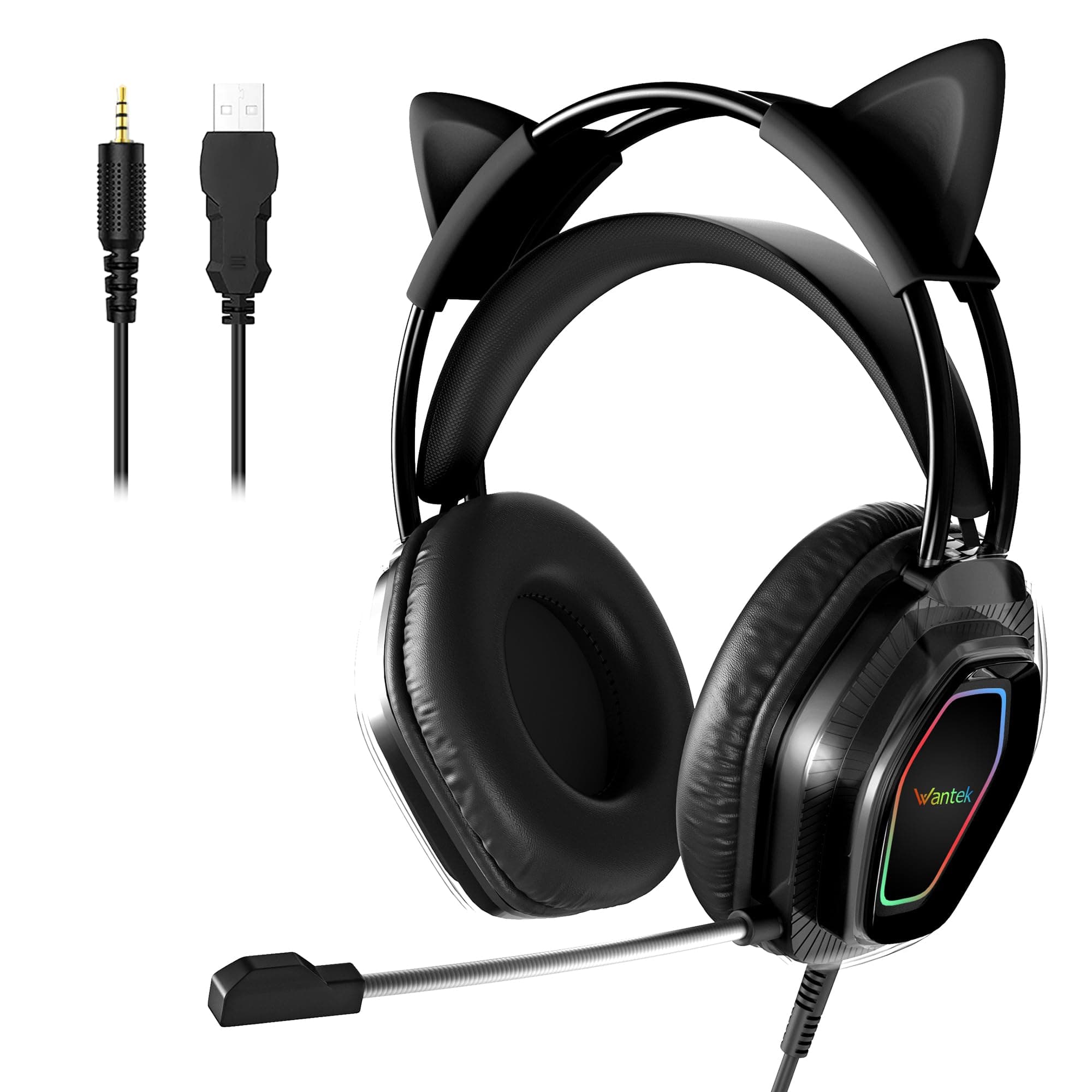 Wantek Cat Ear Gaming Headset with RGB Lights, Noise Canceling Mic, 50mm Drivers Surround Sound - Wired Over-Ear Headphones for PC, PS4/PS5, Xbox, Switch (Black)