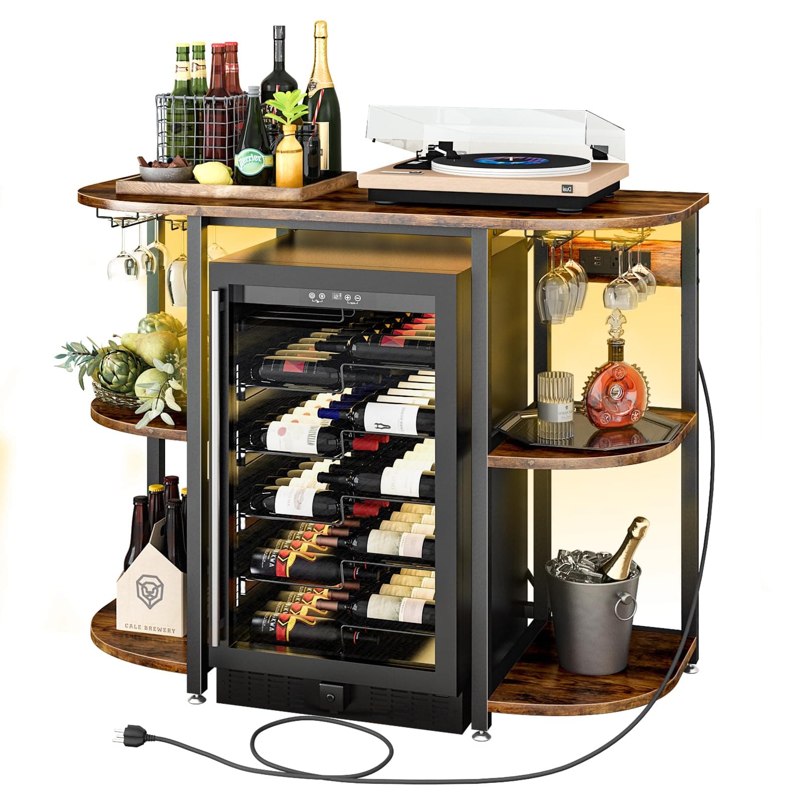 Mini Fridge Cabinet with LED Light,Coffee Bar Storage,Brown