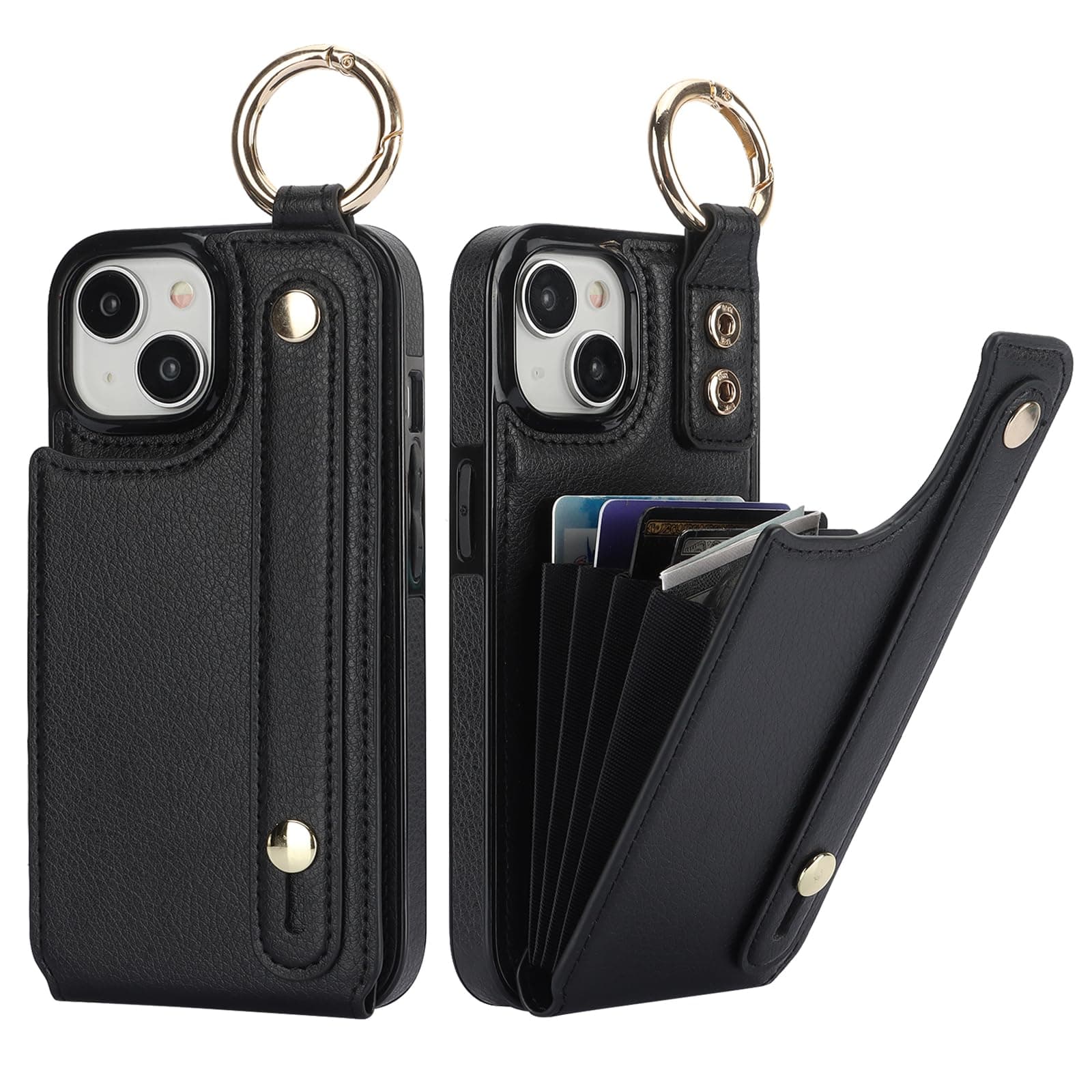 Folosu Schutzhülle für iPhone 15 mit Kartenhalter, Handschlaufe, Schlaufenhalter, Ständer, RFID-blockierender Fingergriffring, PU-Leder, Doppeltasten, stoßfeste Abdeckung, 15,5 cm, Schwarz