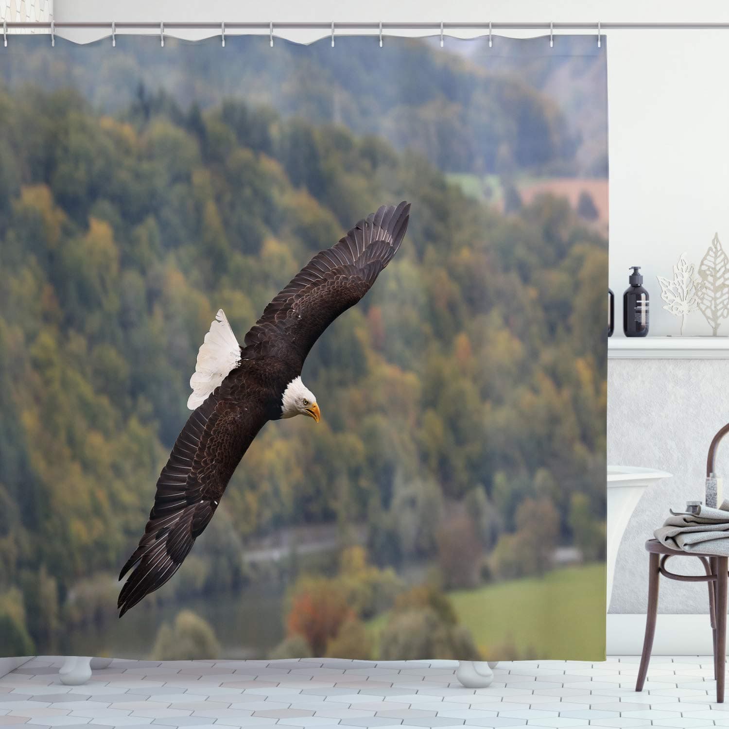 Ambesonne Eagle Shower Curtain, King of Skies Flying Over The Forest and Mountains United States, Cloth Fabric Bathroom Decor Set with Hooks, 69" W x 70" L, Green Dark Brown White