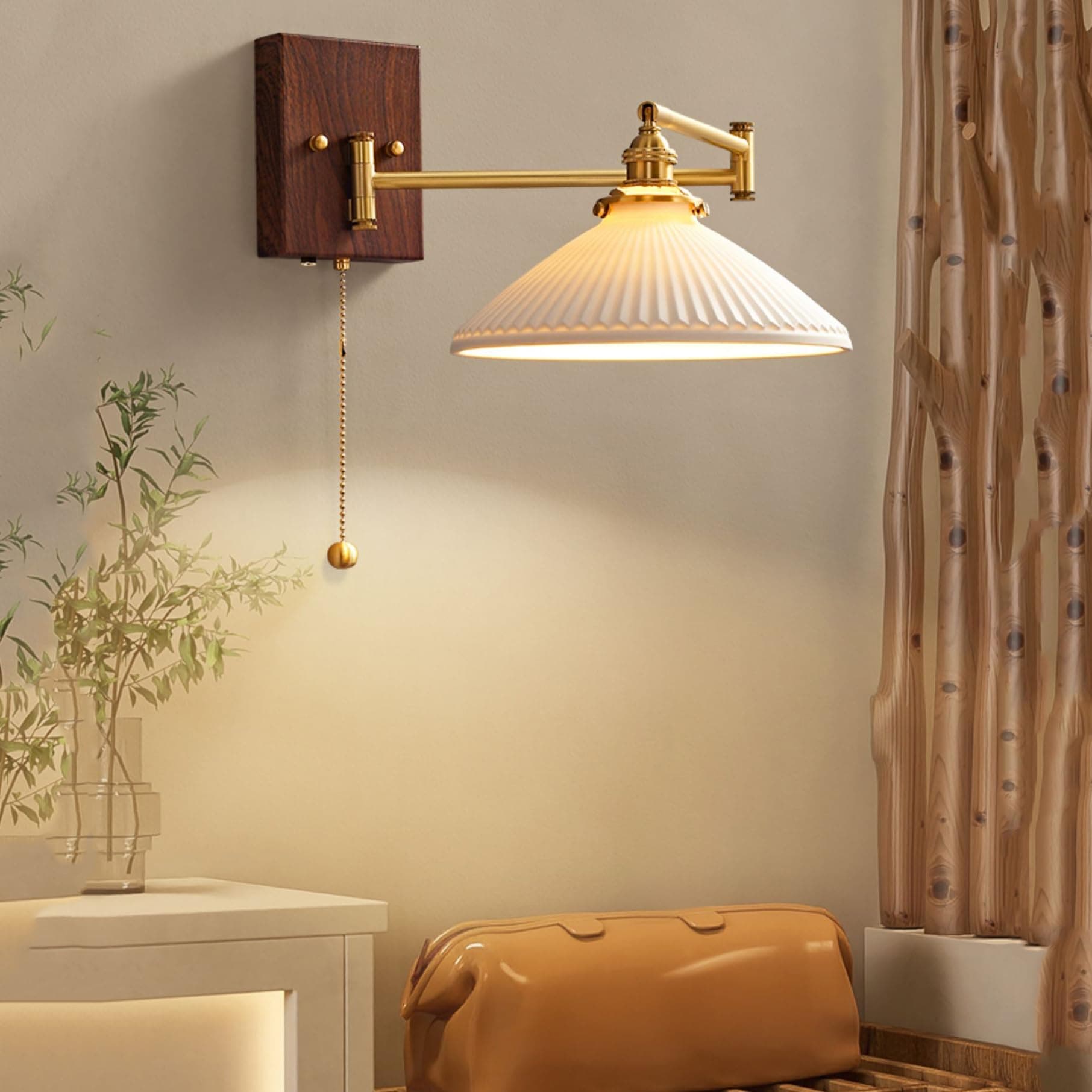 SIYANE Brass Swinging Arm Wall Lamp Vintage Pleated Glass Pull Chain Wall Sconces Nordic Farmhouse Reading Light Milk Glass Wood Wall Mounted Light for Bedroom Bedside Living Room Hotels