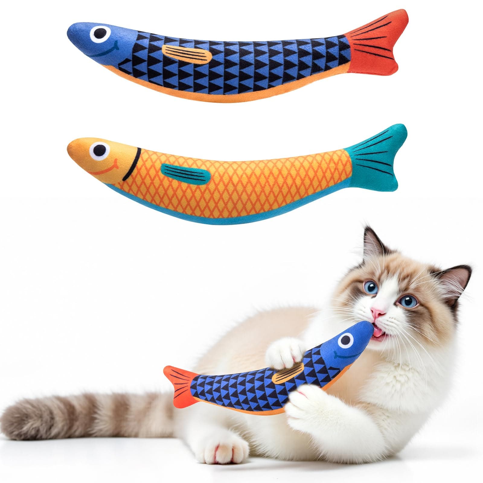 PetBusy Cat Toys with[5000mg A+Natural Catnip &Silvervine] [Baby Grade] Interactive Soft Chew Kicker Cat Toys for Indoor Cats & Kittens, [Crinkle &Bell] Fish Sound Toy, Drives Bored Cat Crazy with Fun
