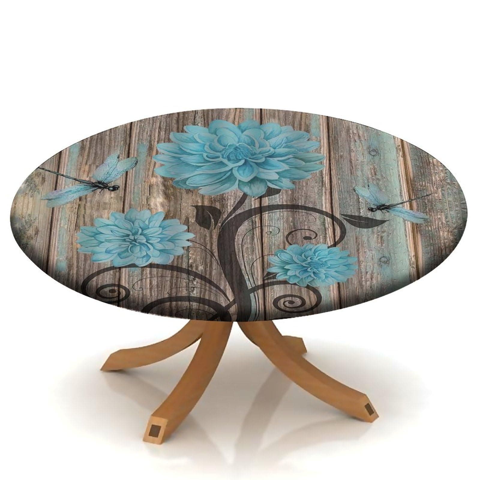 Round Fitted Polyester Tablecloth, Vintage Wood Grain Blue Floral Elastic Edge Home Decor Tablecloths, Splashproof Washable Fabric Table Clothes For Family Holiday Party Use, Fit For 48" Round Table