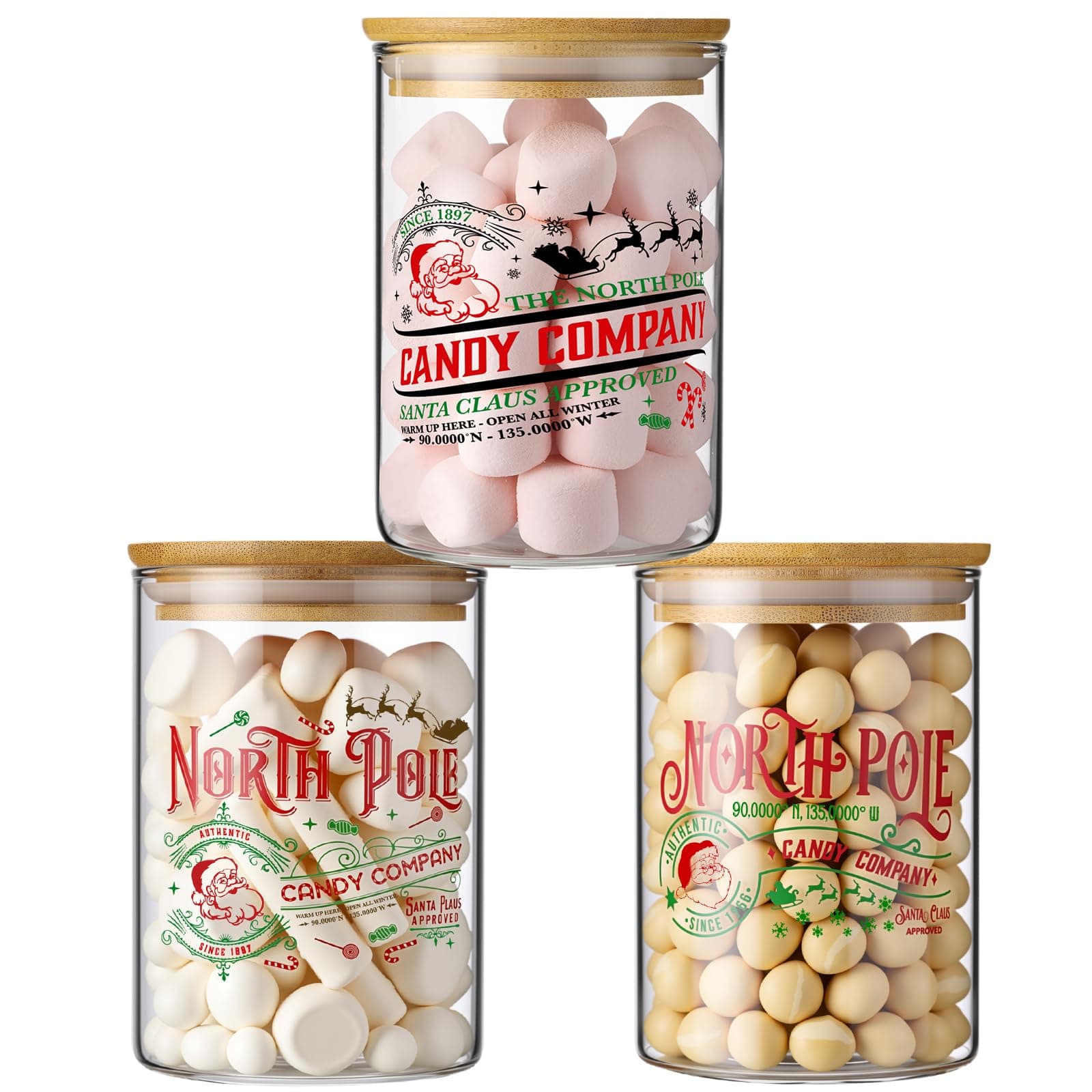 Blushtier 3 Pcs Christmas Glass Storage Jars with Airtight Bamboo Lid 3 Style 18.6 oz Xmas Clear Decorative Canisters Set for Winter Home Kitchen Countertop Christmas Party Supply (Santa Claus Design)