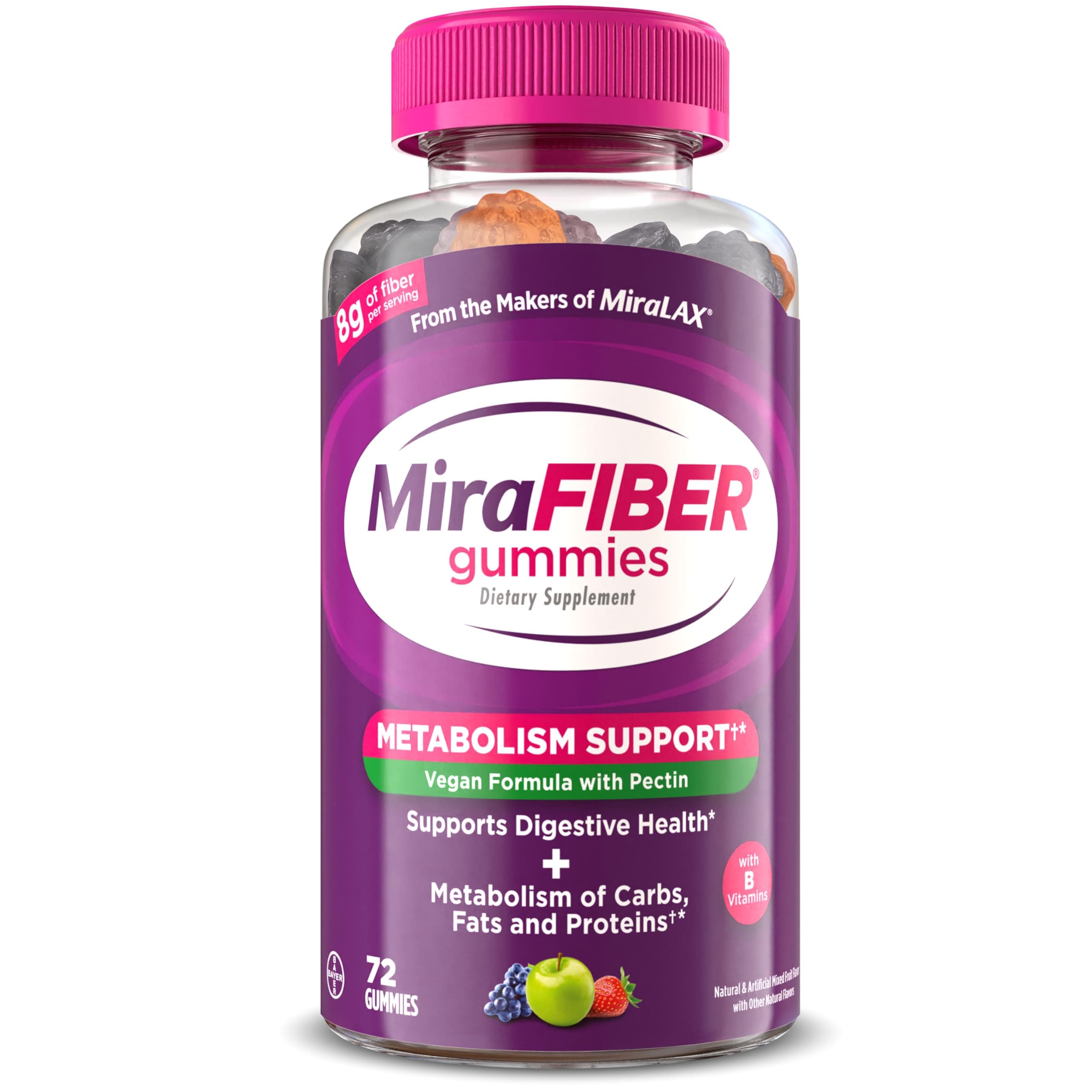 MiraFIBER Gummies, from The Makers of MiraLAX, Vegan Formula, 8g Per Serving, Gut Health for Men & Women, Prebiotic Fiber Gummies for Adults, Mixed Fruit Flavor 72Ct