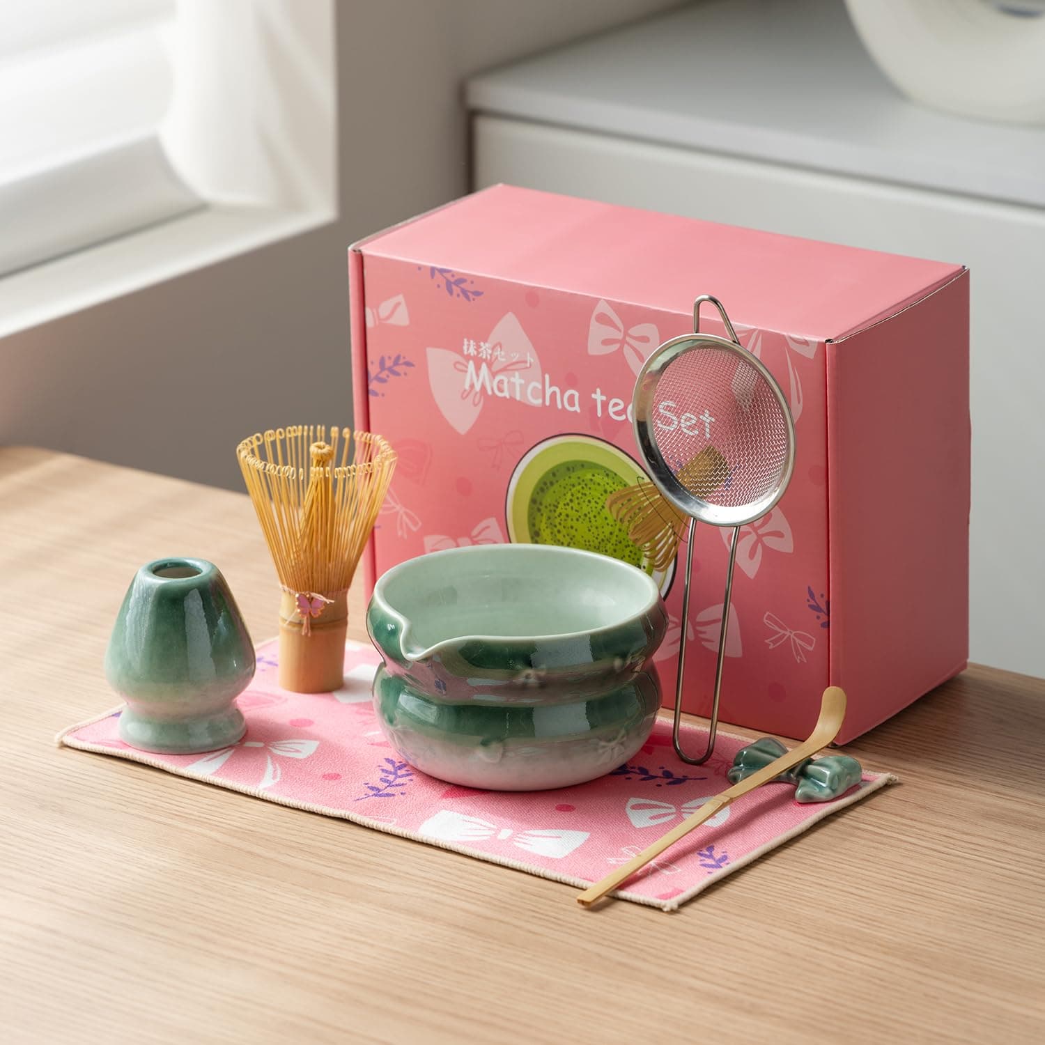 DWEHIXBUY Matcha Kit 7-Pcs matcha whisk set, Measuring Spoon, Japanese Tea Making Tools,Cha, tea bowl, pink matcha set (dark blue)