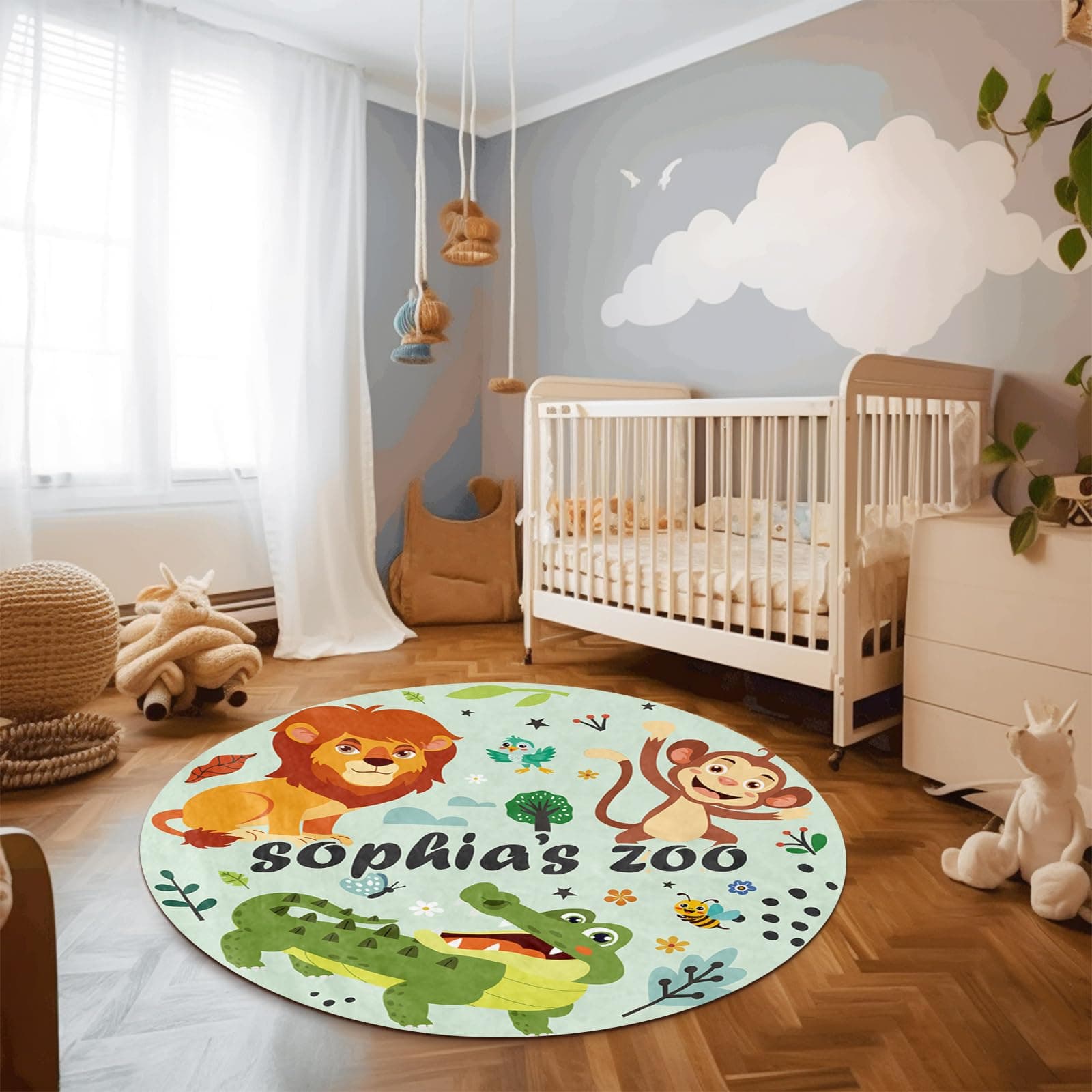 Duckbe Round Nursery Rug Personalized with Name, Custom Kids Rug Soft Floor Area Rugs, Activity Crawling Play Mat for Baby Boys Girls Neutral Toddlers Bedroom Lion Monkey(2.6ft/32)