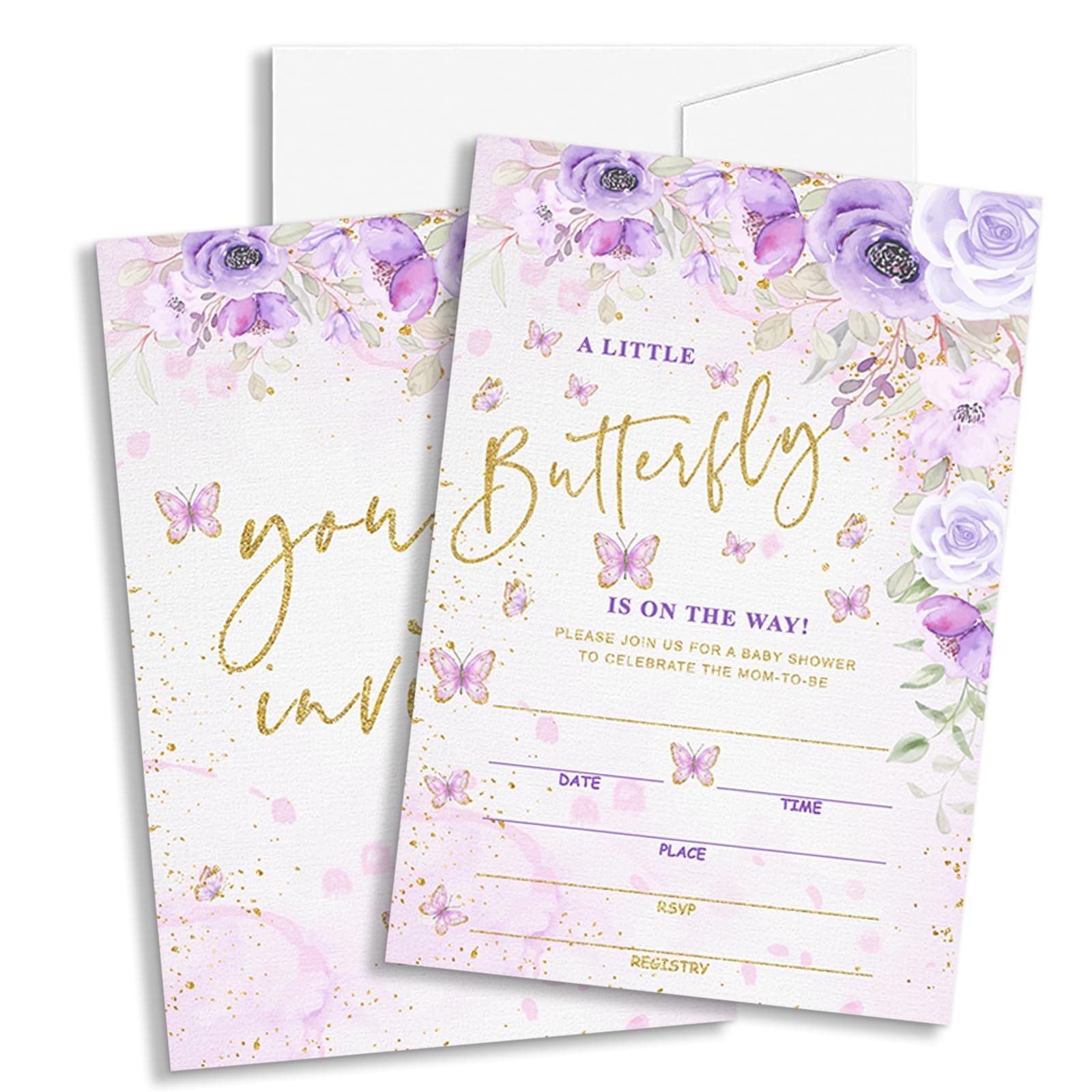 TIOFUNO 25 Purple Butterfly Baby Shower Invitations (4x6 inches), Floral Butterfly Baby Shower Double-Sided Invites, Baby Shower Party Decorations Supplies (YQKB03)
