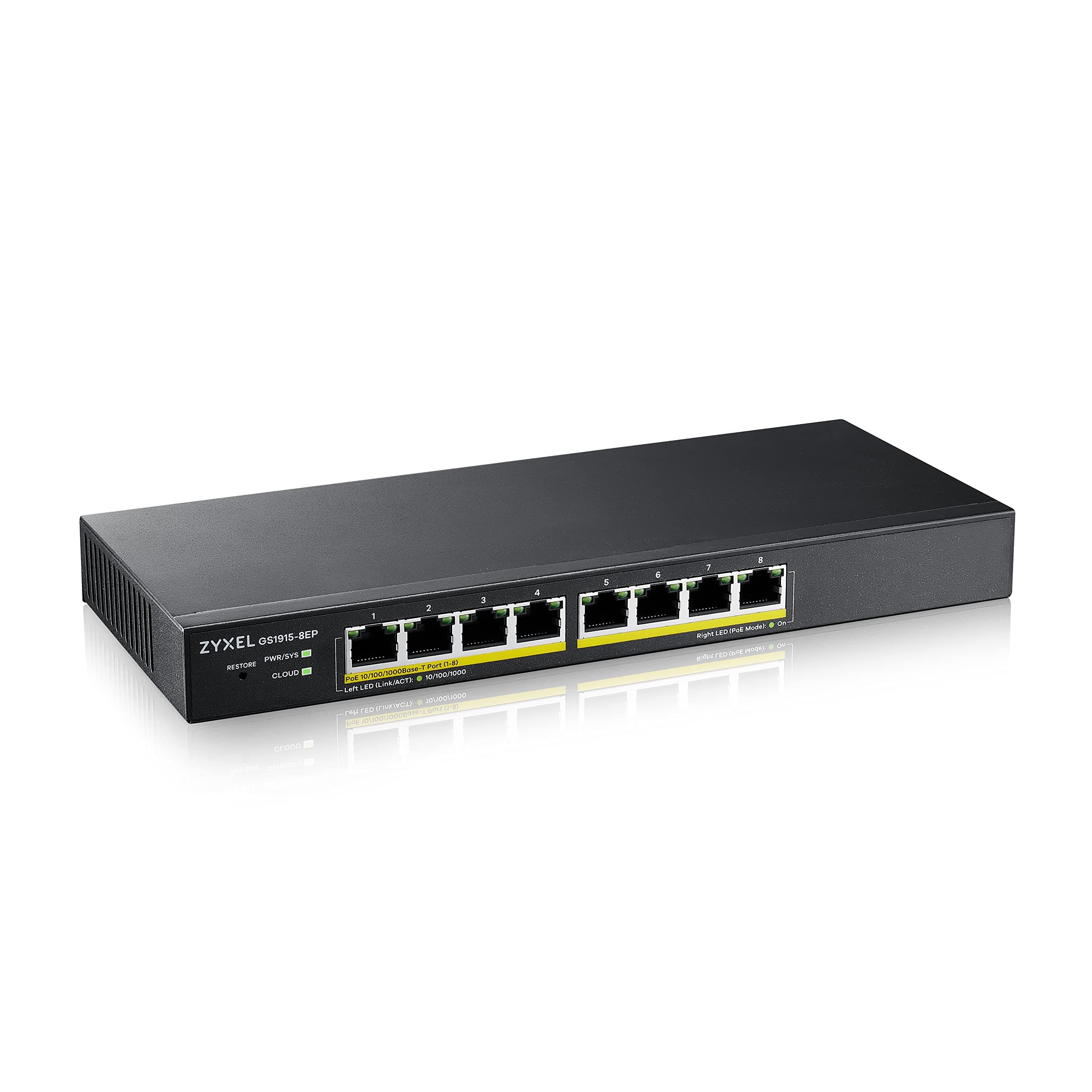 Zyxel 8-Port PoE GbE Switch | Smart-Hybrid Mode | 8X PoE+ @60W | Optional Nebula Cloud | Desktop| Fanless [GS1915-8EP]