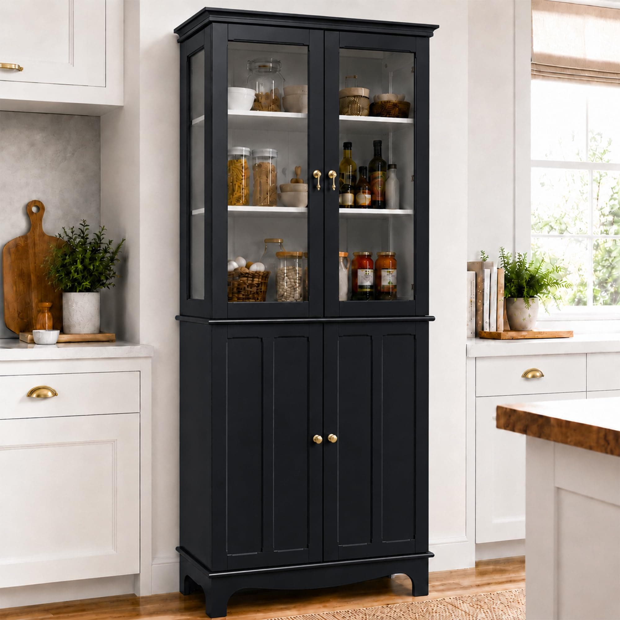 ARTPOWER 72" Freestanding Kitchen Pantry Storage Sideboard, Classical Tall Cabinet with Glass Door and Adjustable Shelves for Kitchen, Livingroom and Dining Room, Black