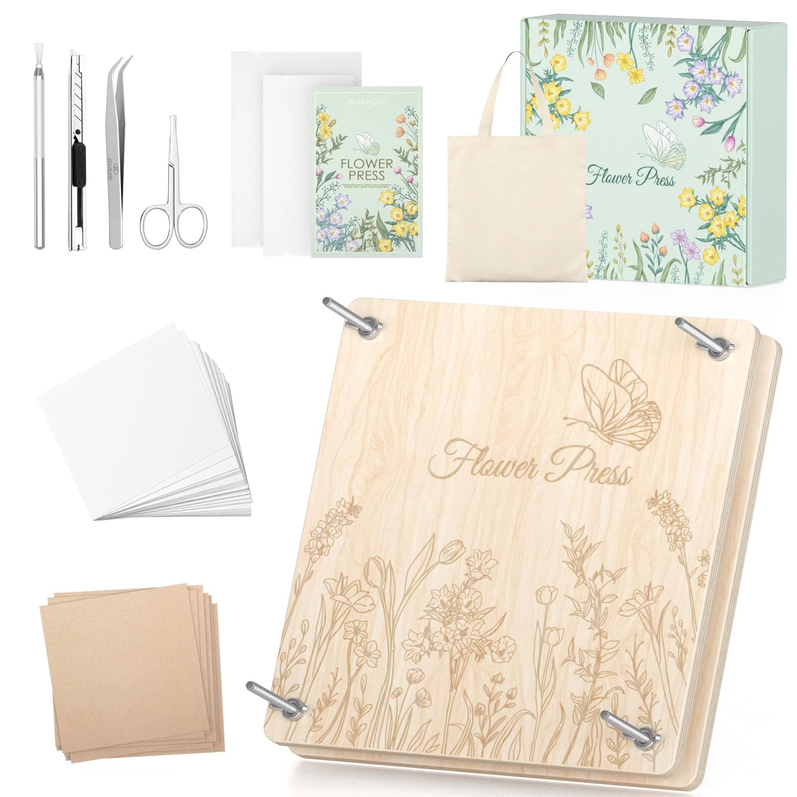 Wakhow Flower Press Kit, 11" x 11" Large Wooden Flower Press for Adult Teen