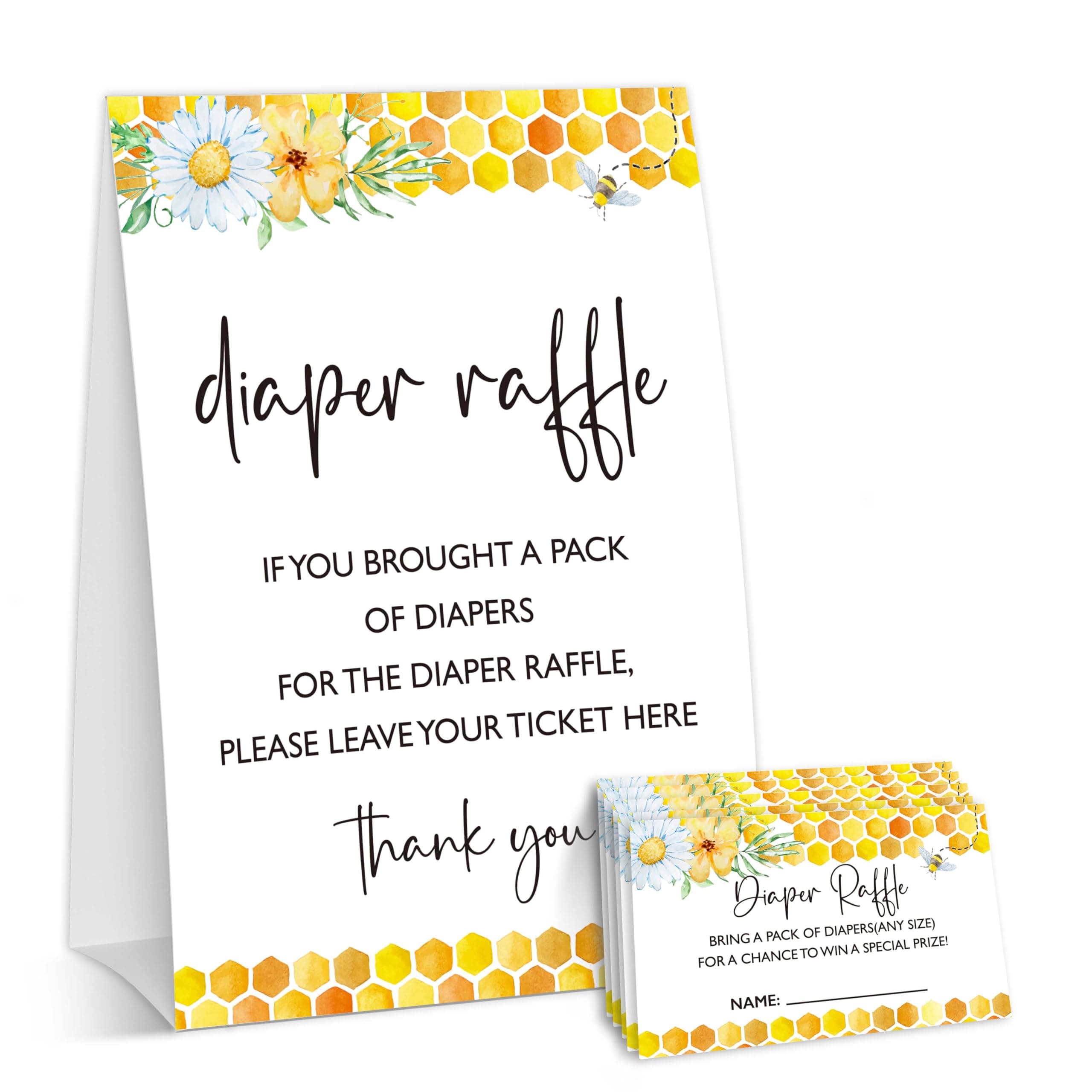 Fbitey Bee Baby Shower Games, Honey Bumble Bee Diaper Raffle Tickets, Daisy Gender Reveal Party Decorations and Supplies, 1 Sign and 50 Cards-A09
