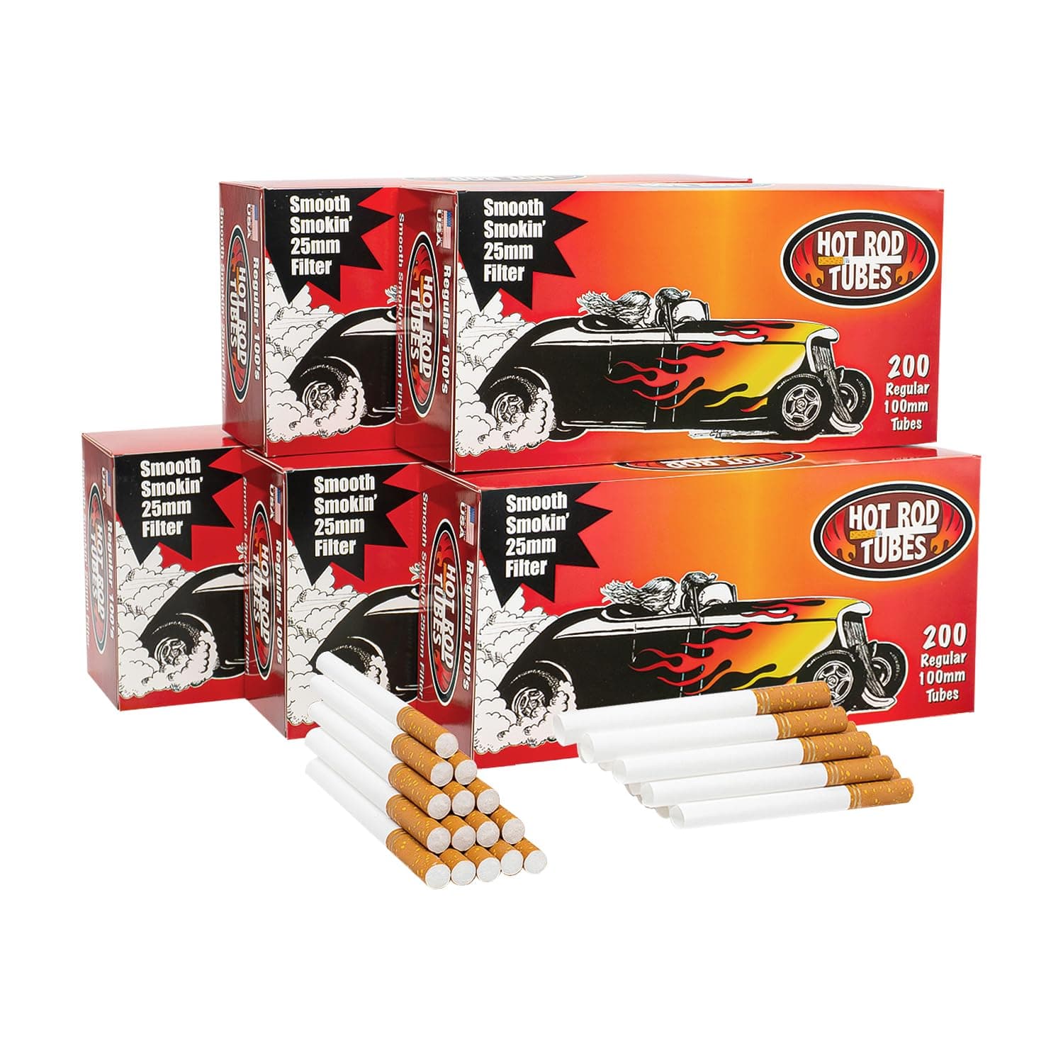 Hot Rod Tube Cigarette Tubes 200 Count Per Box Regular Flavor 100mm (Pack of 5)