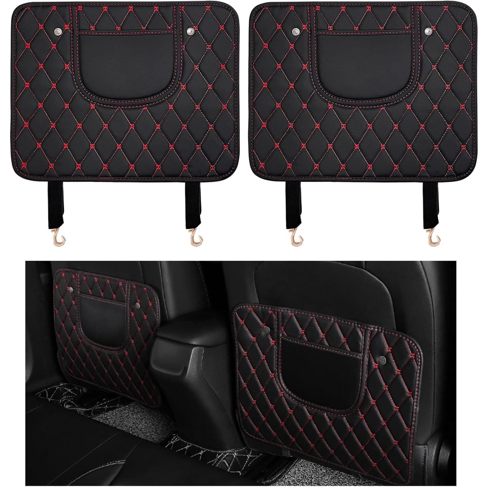 2 PCS Car Kick Mats for Ford F150 XL XLT 2015-2024, Leather Back Seat Protector Mat Prevent Dirt Mud and Scratch Anti-Kick Mat Pad with Storage Bag Interior Accessories,Black-Red