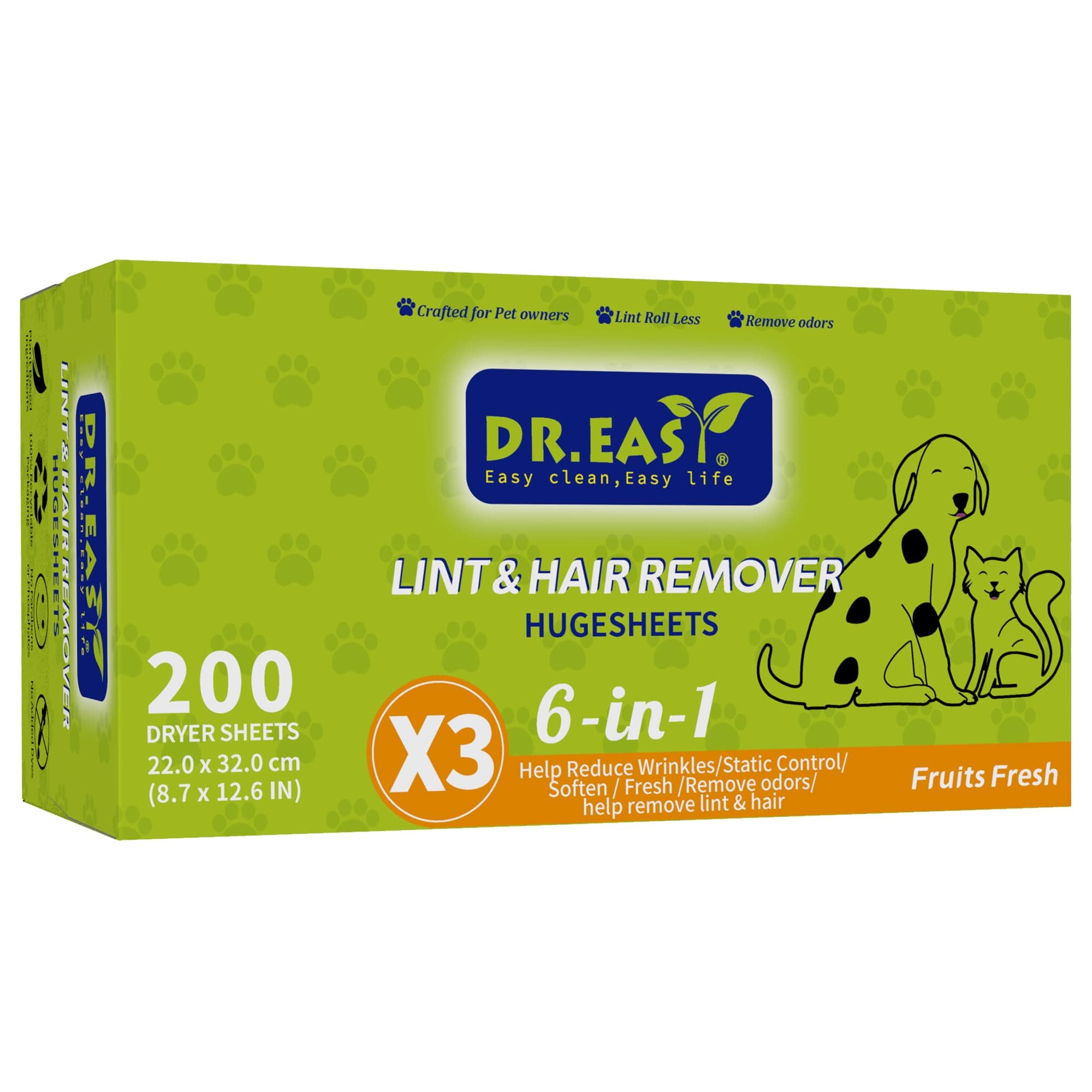 Dr.Easy LINT & HAIR REMOVER Pet HUGESHEETS with 3X ODOR REMOVE Dryer Sheets, Fruits Fresh, 200 Count,PLANT&MINERAL-BASED FORMULA