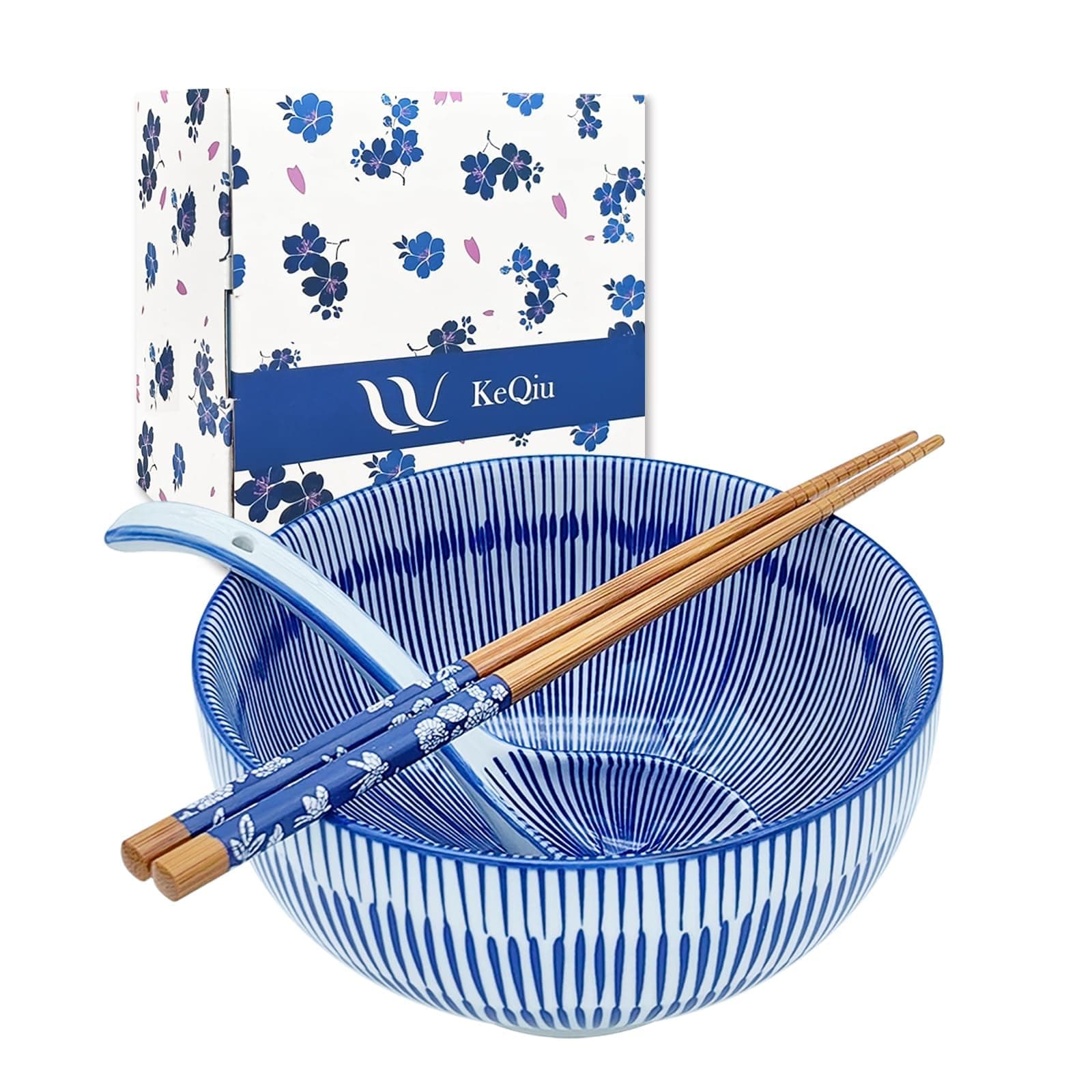 KeQiu 28Oz Ceramic Ramen Noodle Pho Bowl Set with Chopstick Spoon Gift Box