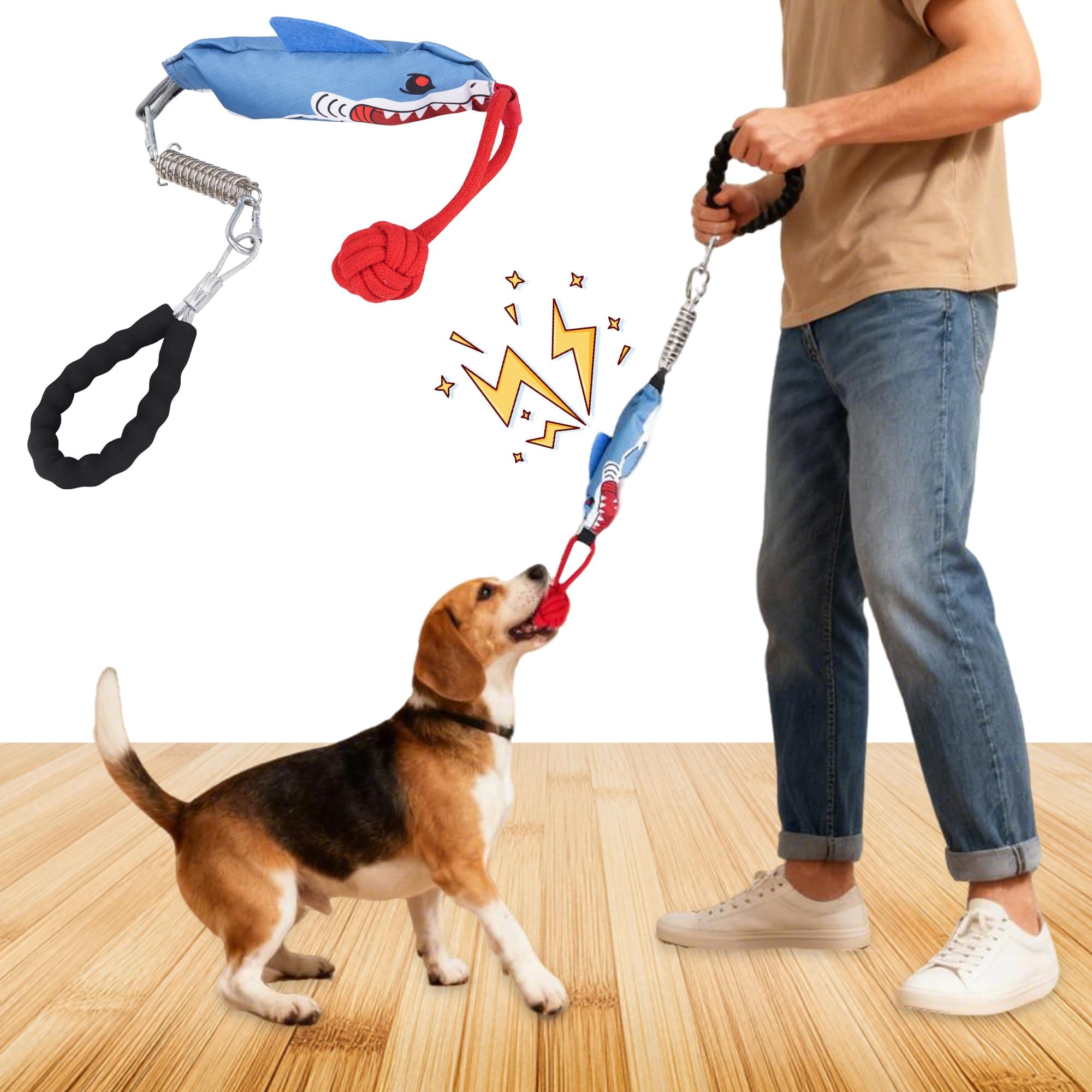 Moysoon Dog tug of war Toy with Handle,Interactive Dog Pull Toy to Keep Them Busy with Squeak, Multifunctional Combination tug Toy with chew Ball