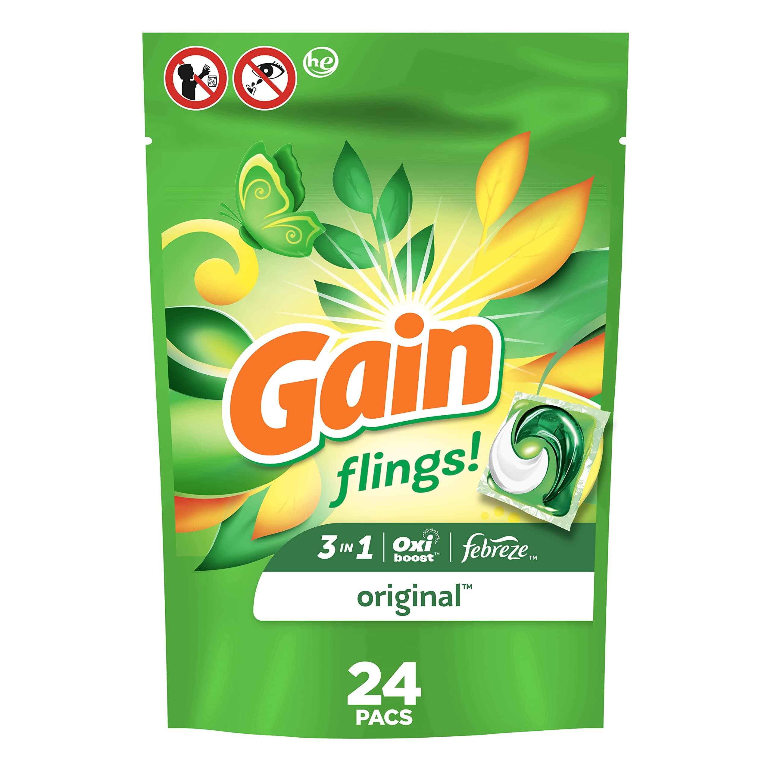 Gain flings! Laundry Detergent Soap Pacs, HE Compatible, Long Lasting Scent, Original Scent, 24 Count