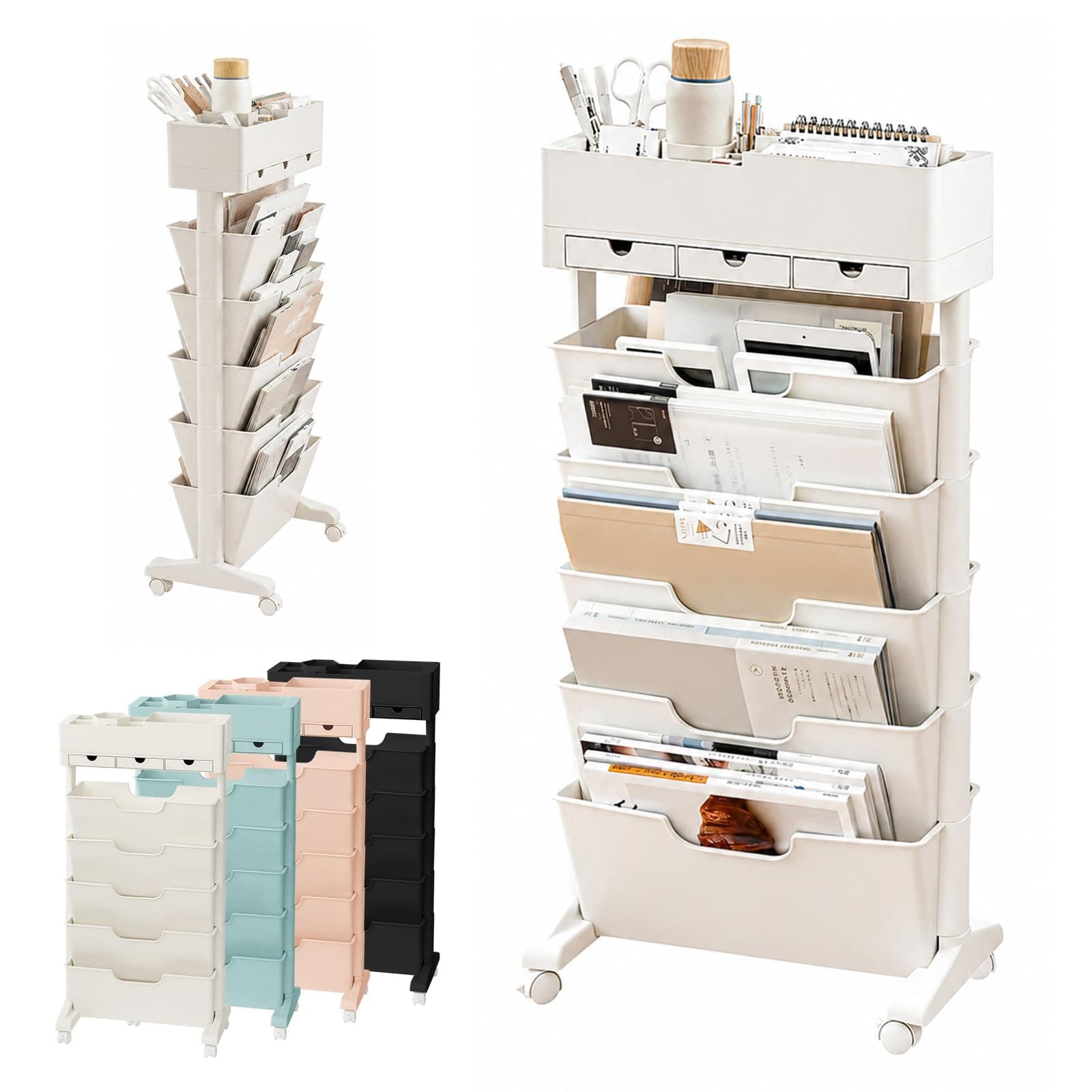 5 Tier Rolling Book Cart Multi-Functional Movable Storage Bookshelves with Lockable Wheels for Study Office Library Classroom, White (Whtie, with Wheel)