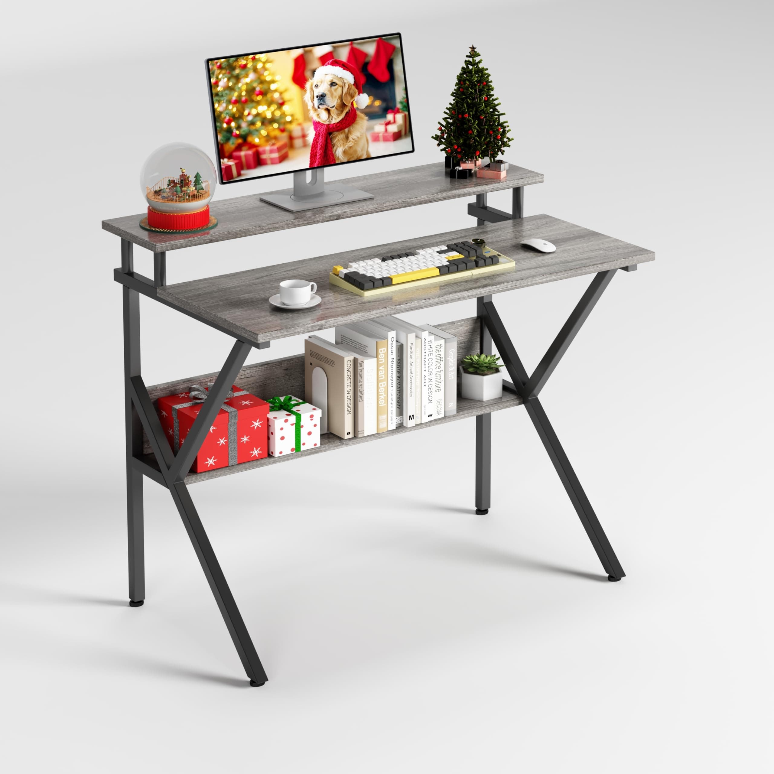 MEXIN 27'' Small Computer Desk, Home Office Desk for Small Space, Laptop Desk with Monitor & Storage Shelves, Modern Style Writing Desk for Home Bedroom Living Room, GreyOak