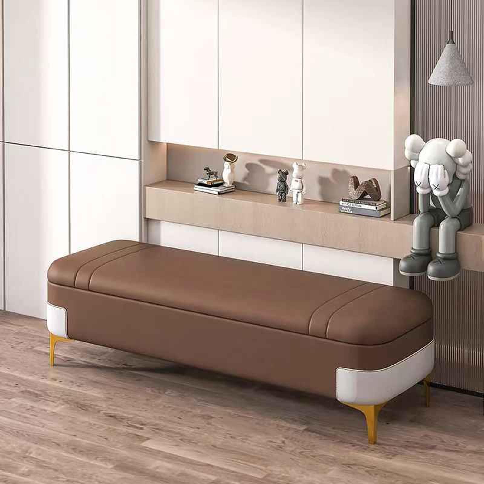 Ottoman Faux Leather Storage Bench，Sofa Bench，Bedroom Storage Bench, Bench for Entryway, Solid Wood Frame Storage Benches,Ottoman Bench for End of Bed with Storage for Hallway Living Room(Brown,150cm