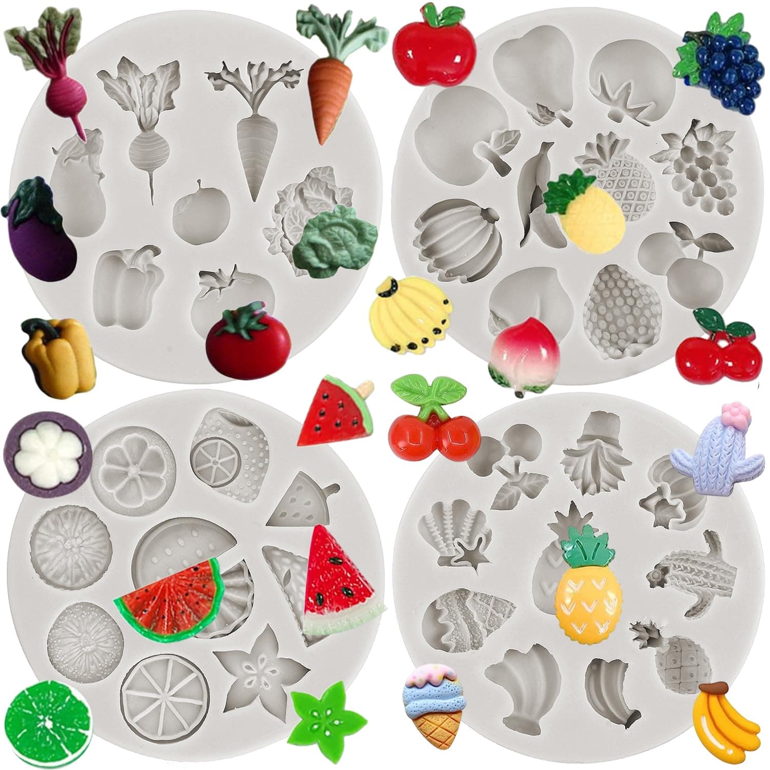 MINFEIDMS Vegetable Fruit Radish Tomato Eggplant Cabbage Silicone Mold Strawberry Watermelon Banana Chocolate Fondant Mold For Cake Decorating Cupcake Topper Gum Paste Polymer Clay Set Of 4