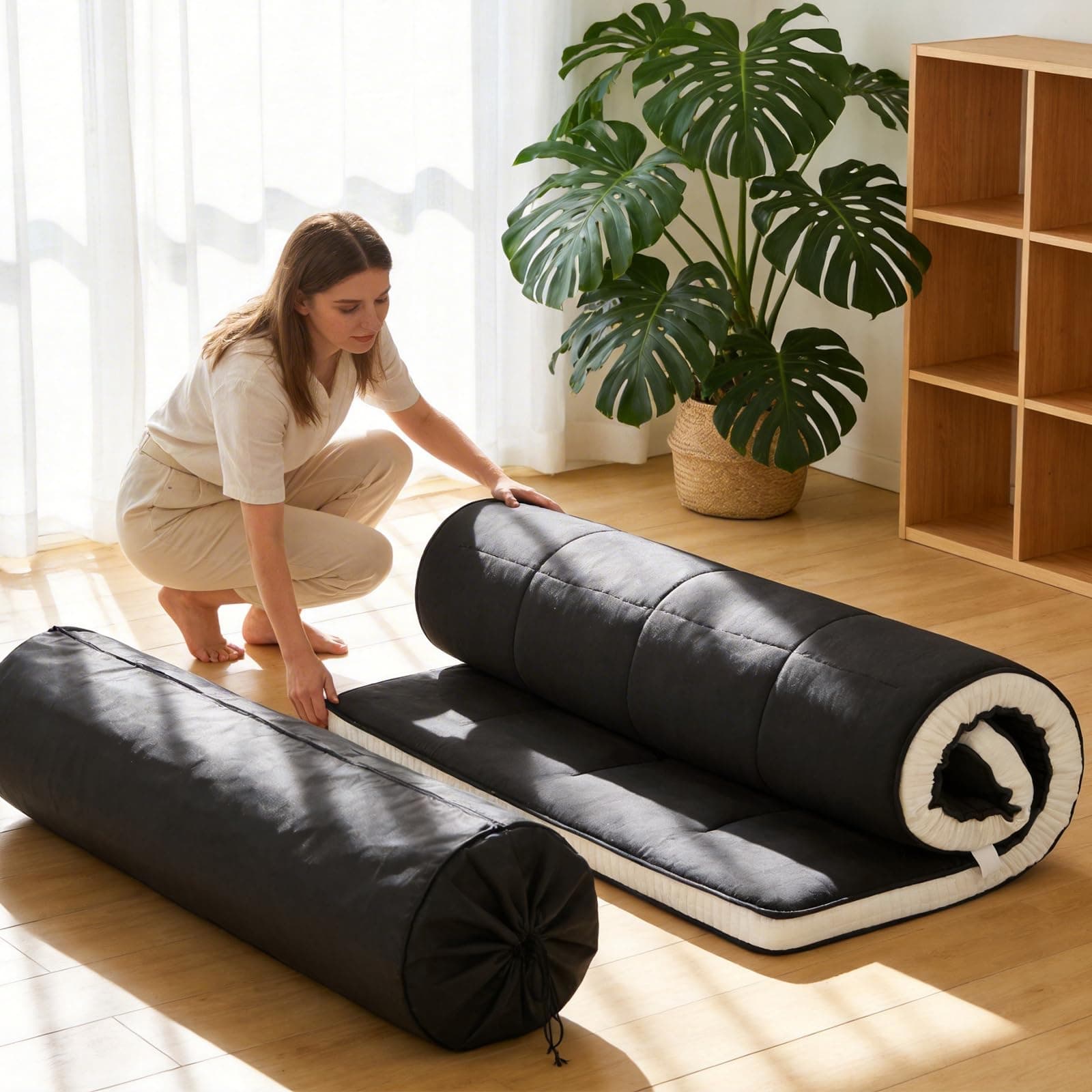 Tiita Japanese Floor Mattress Futon Mattress 4” Thick Folding Roll Up Sleeping Pad with Bag & Strap, Bed Topper Mat for Guest, Lounger and Travel, Black, Full Size