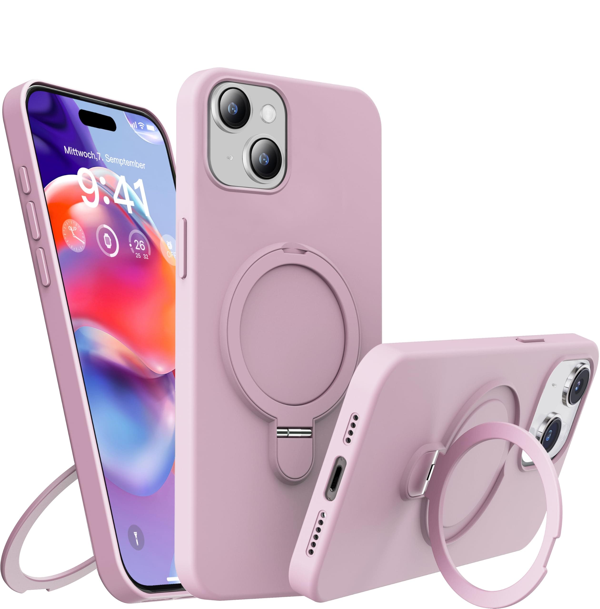 REMFNEKL Liquid Silicone Case for iPhone 15 Plus，with Stand，Kickstand, Compatible with Magsafe, Pink
