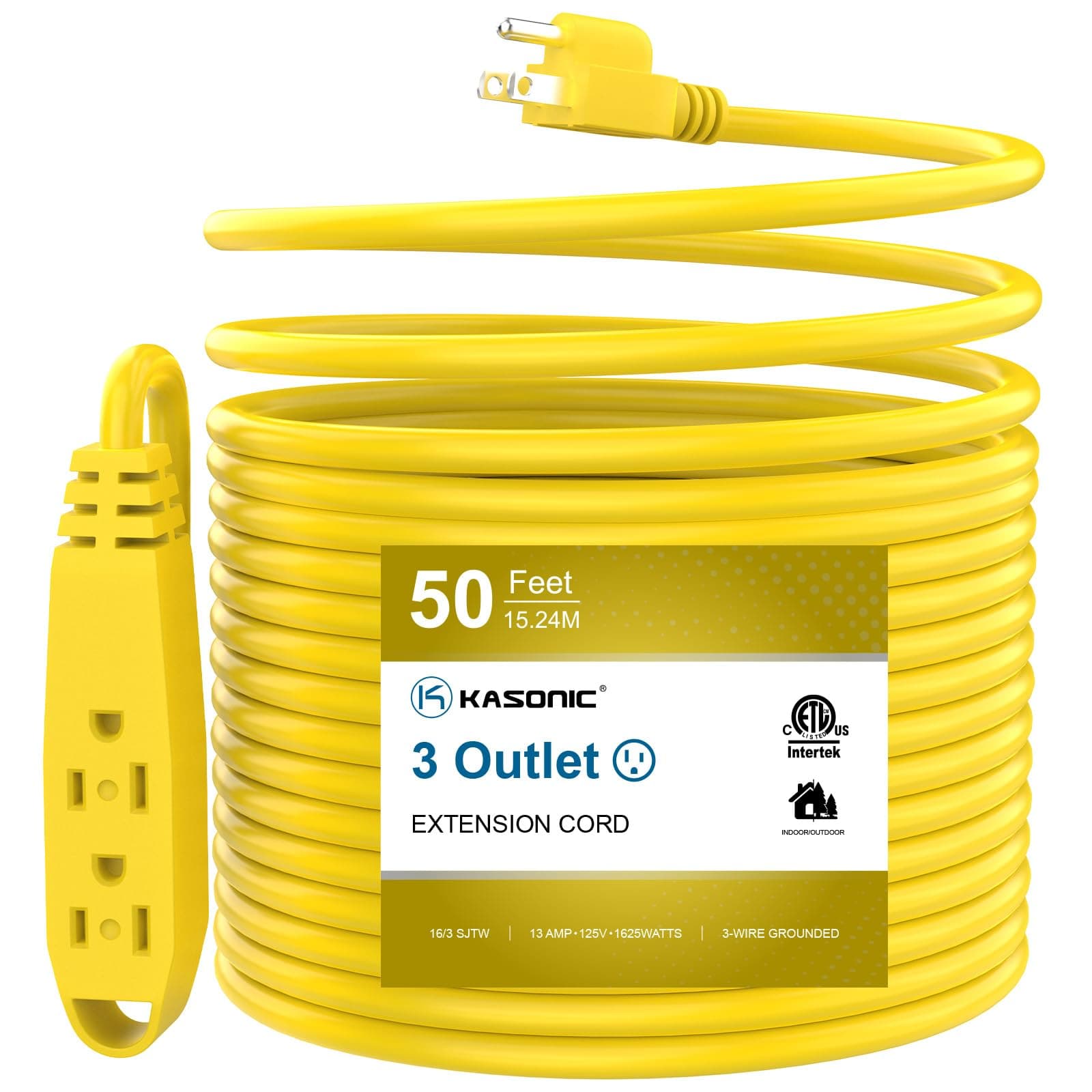 50-Feet 3 Outlet Extension Cord, Kasonic UL Listed, 16/3 SJTW 3-Wire Grounded, 13 Amp 125 V 1625 Watts, Multi-Outlet Indoor/Outdoor Use, Yellow