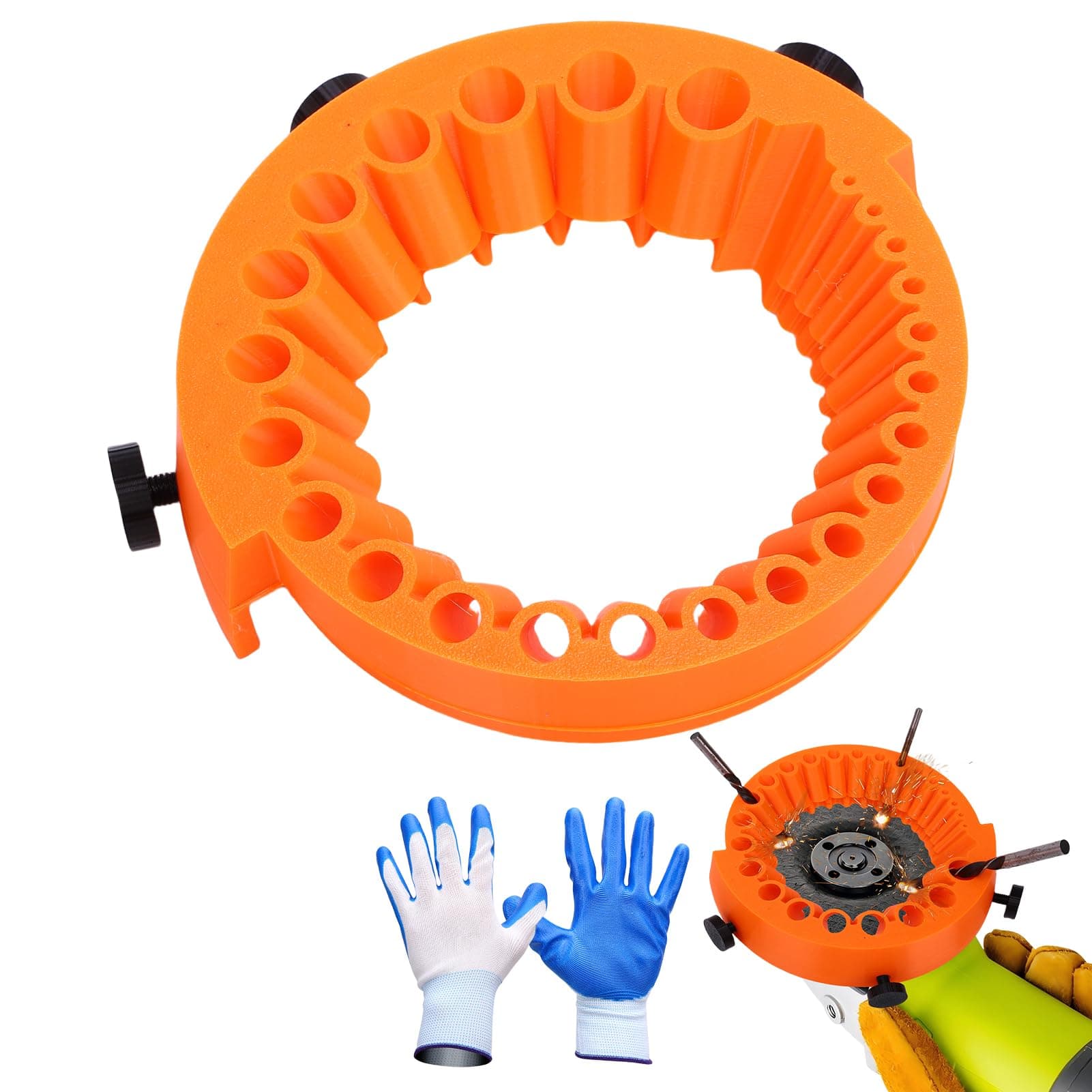 WODHMIEY Plastic Drill Bit Sharpener,1/16 to 1/2 Bits,Compatible Power Drill Bit Grinding Attachment, Powered by 125mm Angle Grinder for High Speed Steel, Masonry, Carbide (Orange)