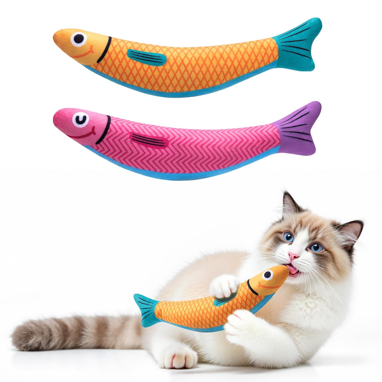 PetBusy Cat Toys with[5000mg A+Natural Catnip] [Baby Grade] Soft Chew Kicker Cat Plush Toys for Indoor Cats & Kittens, [Crinkle &Bell] Fish Sound Toy, Drives Bored Cat Crazy with Fun 2Pack