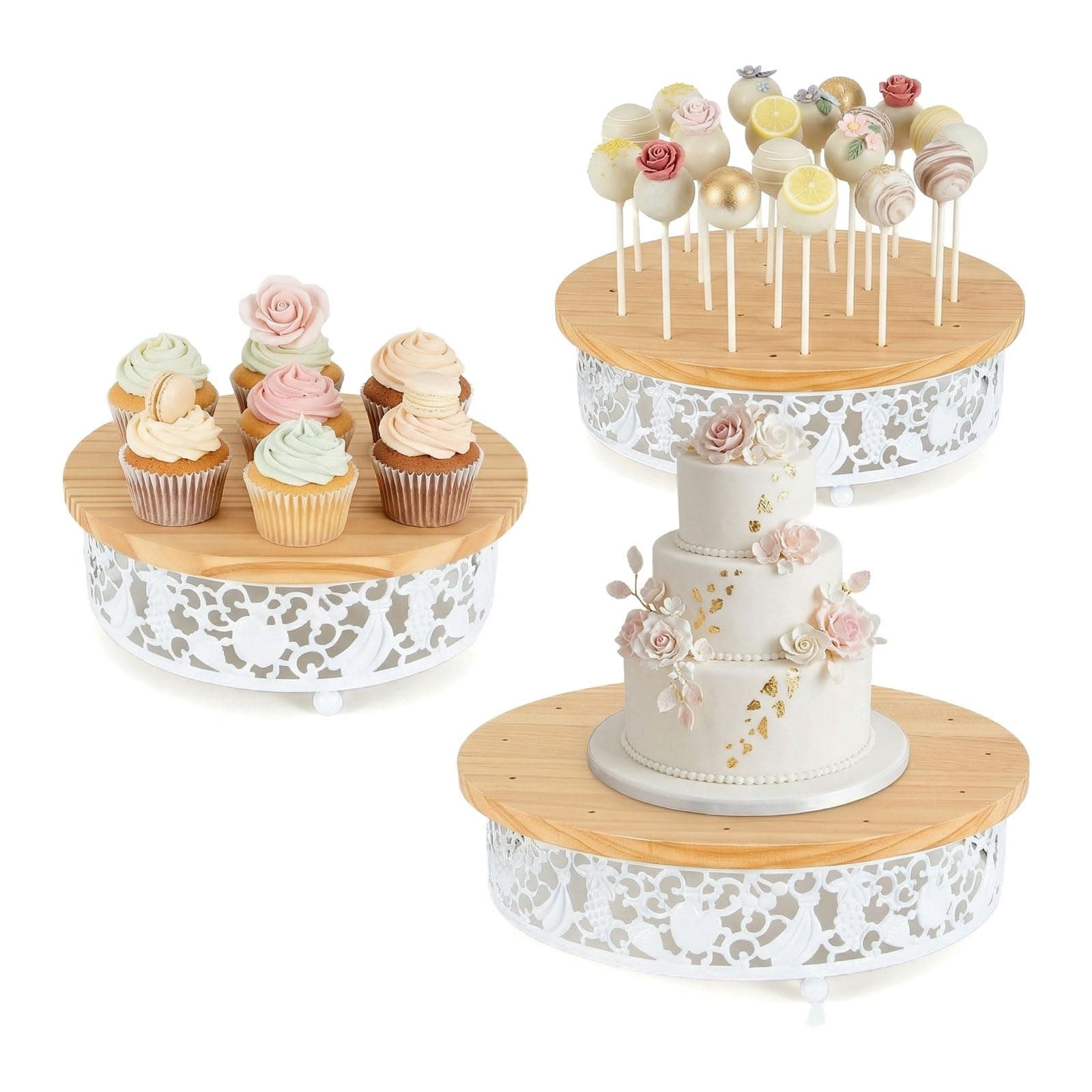 WOPARTY 3-Tier Wooden Cake Pop Stand Set, White Metal Decorative Border, 11.8/8.7/7.1 Inch Round Display Stands with 35 Holes, 50 Sticks Included for Party Wedding