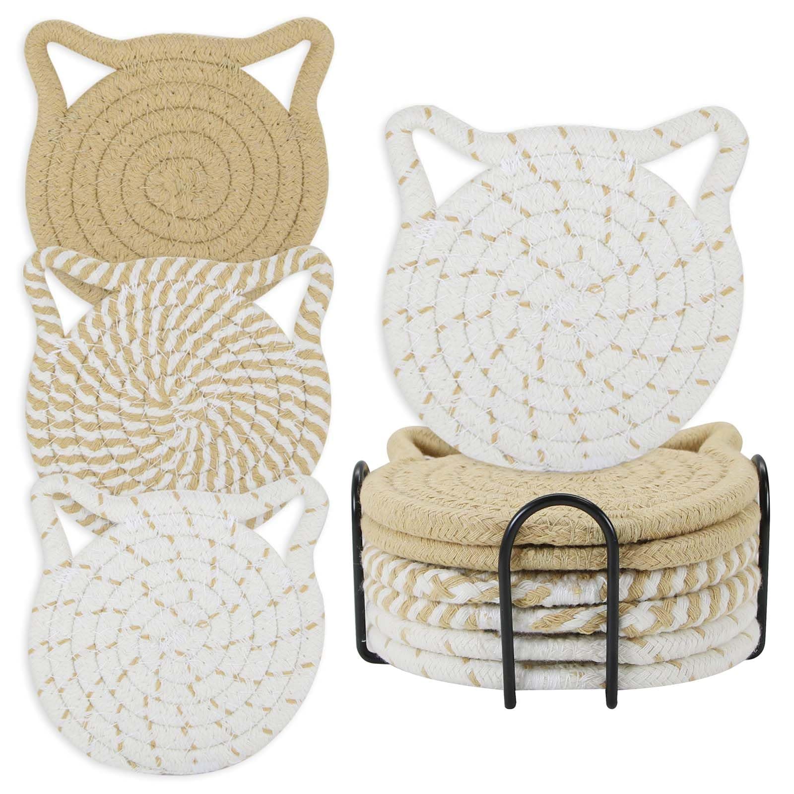 Drink Coasters Set of 6,Cat Ear Shape Cotton Woven Absorbent Cup Coasters with Holder for Tabletop Protection Home Office Decor,Suitable for Kinds of Cups