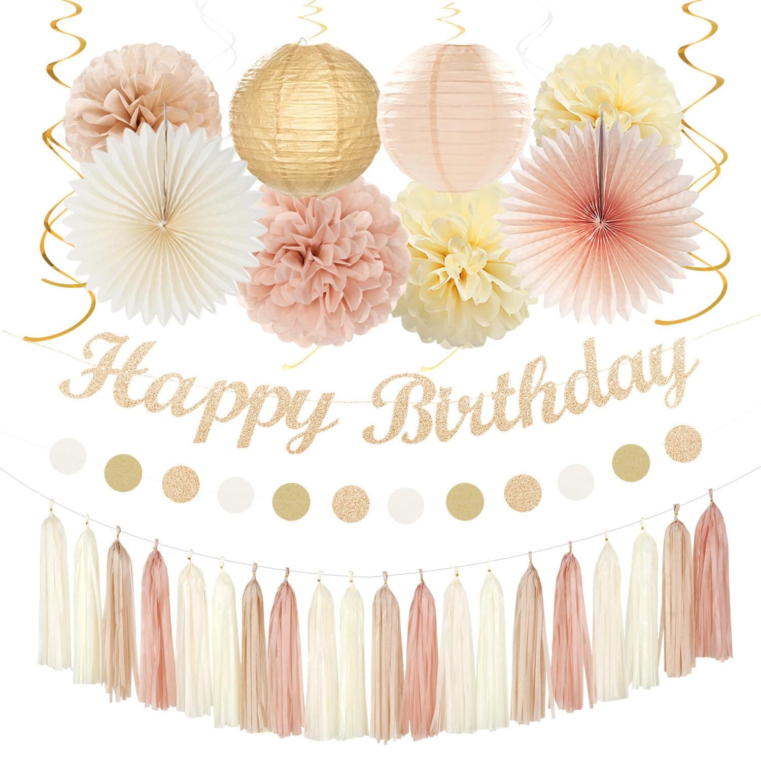 Champagne-Gold Beige 21st Happy-Birthday Party-Decorations - 31pcs Sweet 16 18th Women Girls Paper Lanterns Streamers Banner,Tissue Pom Poms Fans Tassels Graland Decor,Fall Boho Rose Backdrop Hugmoon