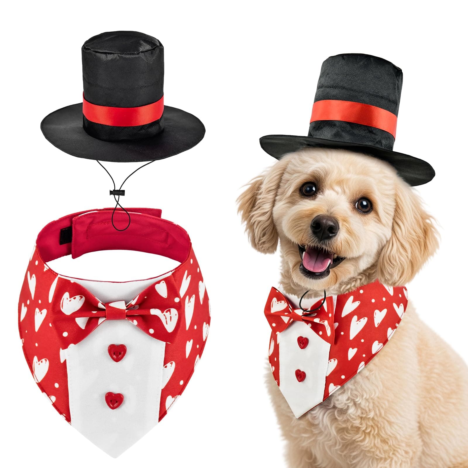 Vehomy Valentine’s Day Dog Costume Set Formal Black Top Hat & Red Heart Pattern Tuxedo Bowtie Adjustable Gentleman Outfit Romantic Holiday Apparel for Small Medium-Large Dogs M