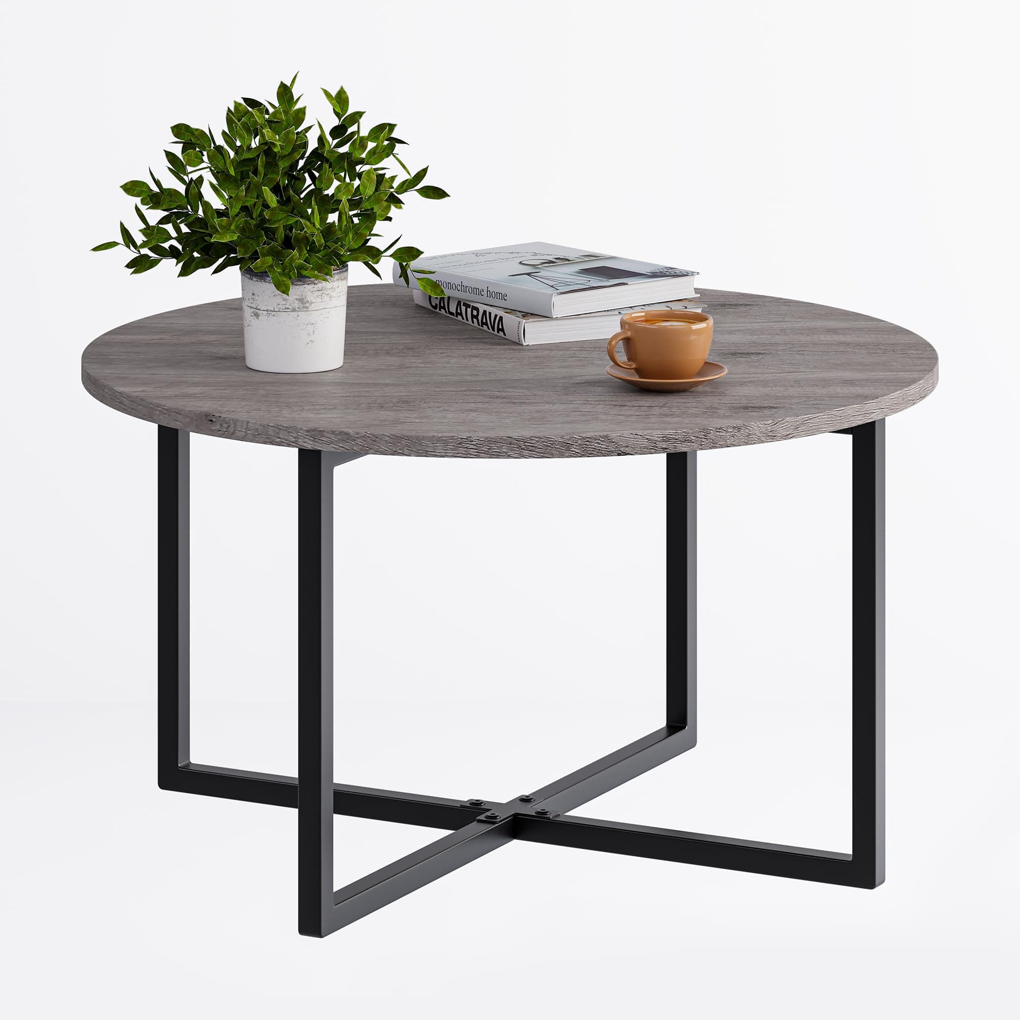 Diolong Small Round Coffee Table Center Table Living Room with Metal Frame