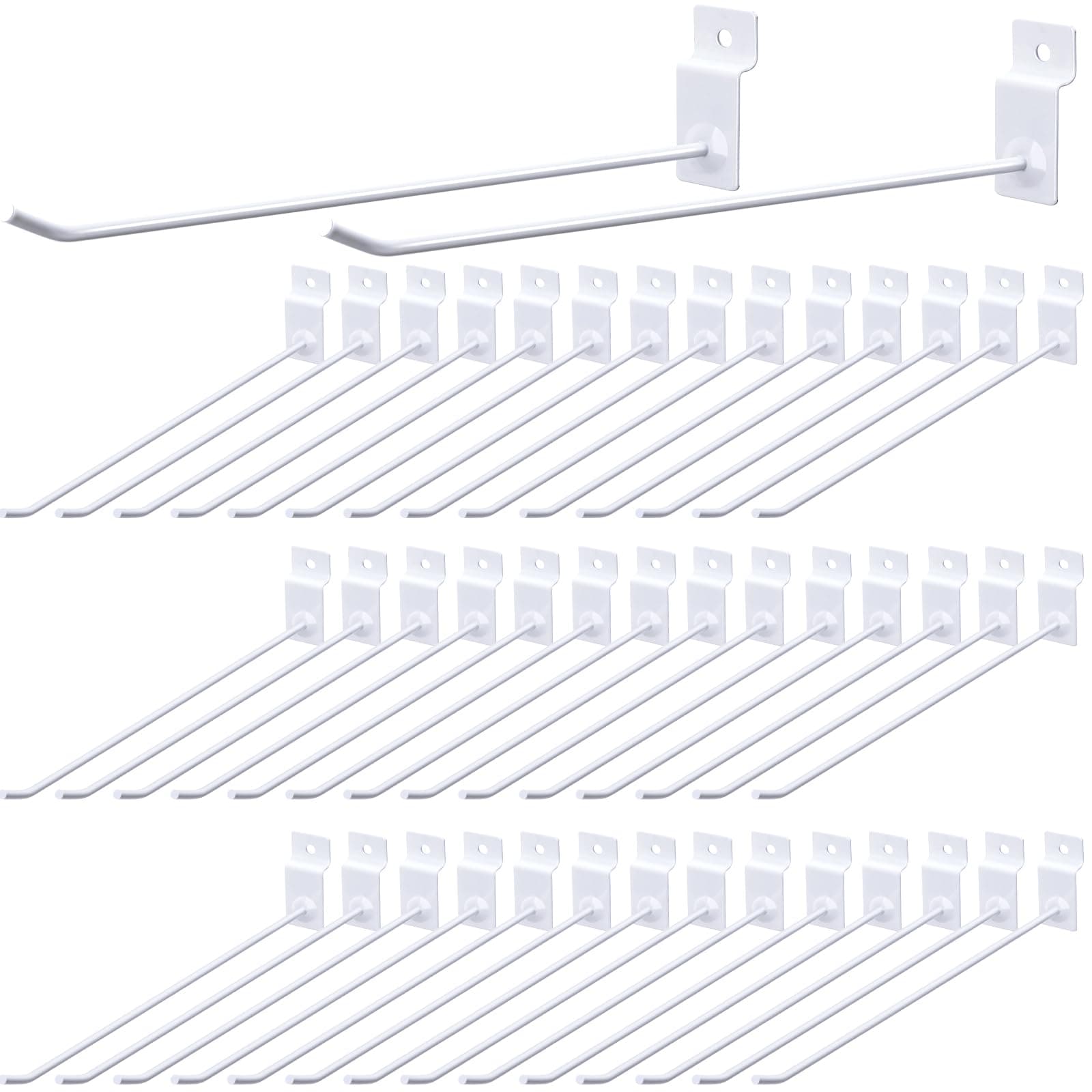 Moxweyeni 100 Pack Slatwall Hooks Slatwall Accessories Slat Wall Hanging Hooks Slat Board Hooks Slat Hangers Pegboard Gridwall Hook Display Hook for Retail Garage Organization, White (9.8 Inch)