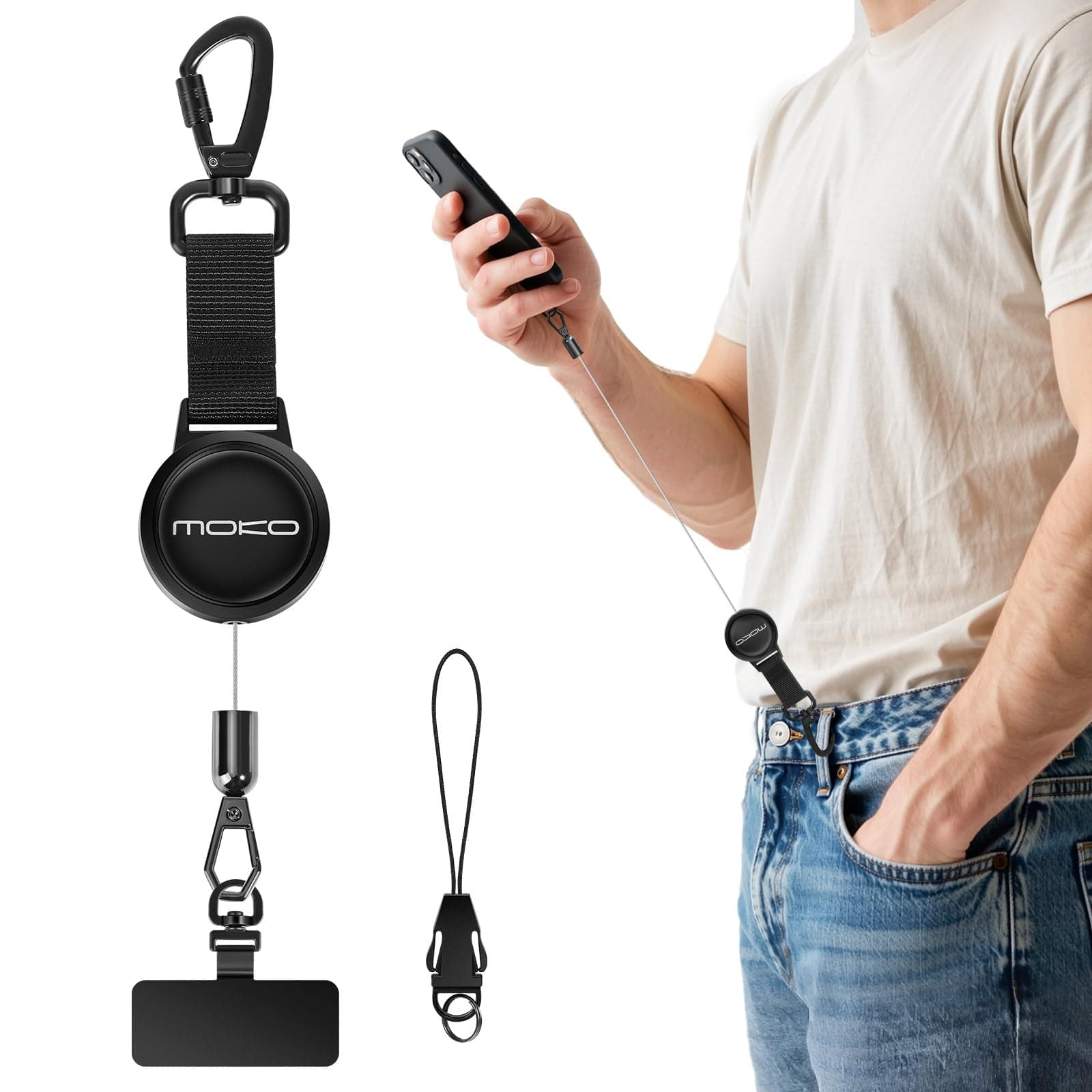 MoKo Heavy Duty Retractable Badge Reel or Keychain Anti-theft Lanyard with Lockable Carabiner for Outdoor Hiking Climbing Fishing