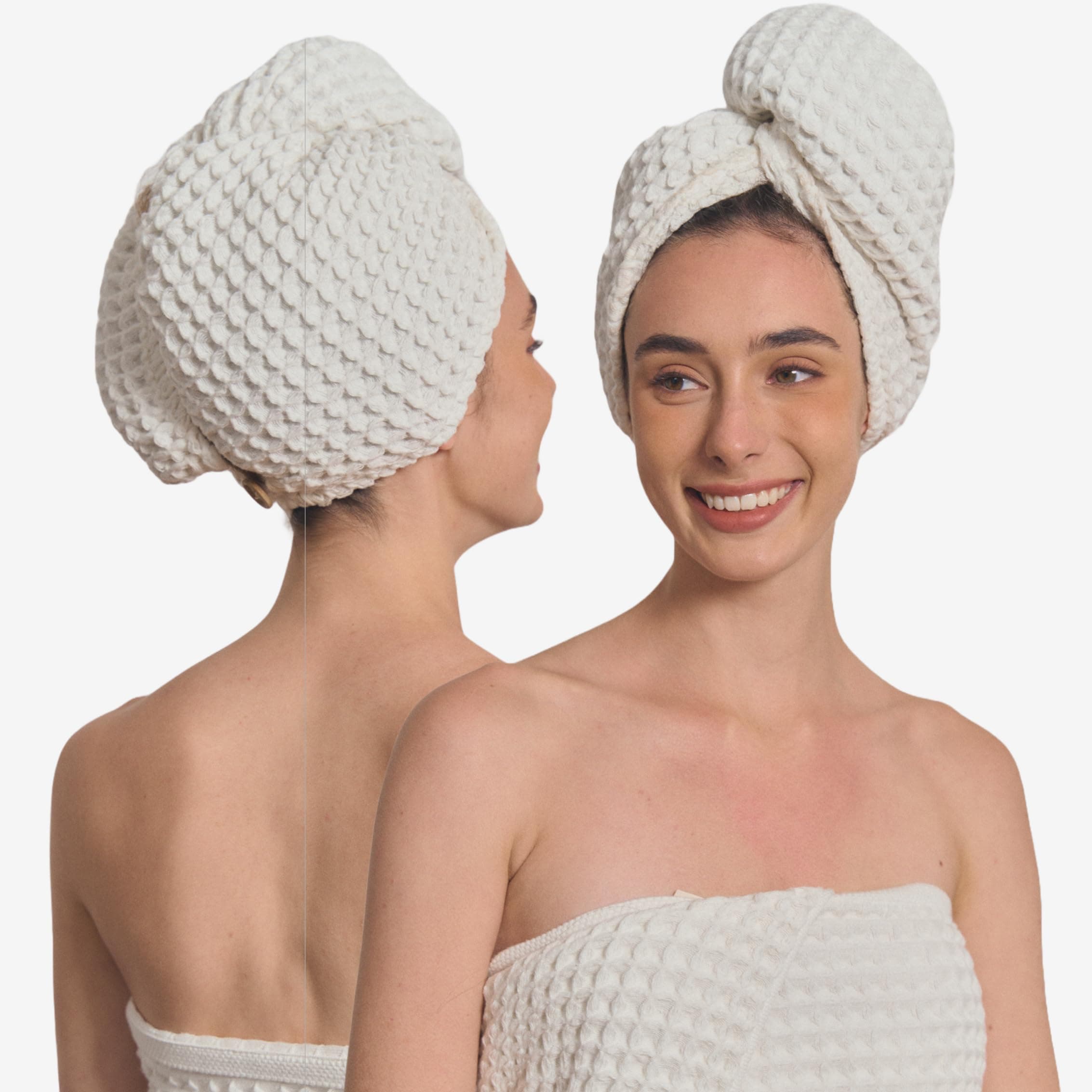 100% Organic Cotton Hair Drying Waffle Towel Wrap for Women | Absorbent & Quick Dry Head Turban for Wet Hair in Shower Sauna Spa, Extra Large for Long Straight Curly Plopping Button (White, 1 Pack)