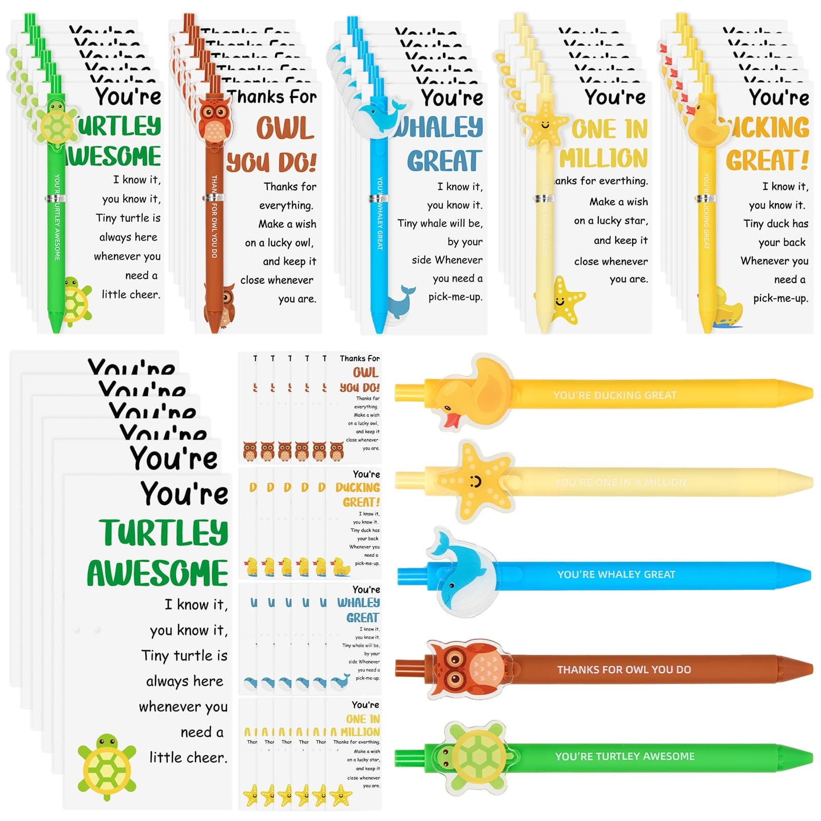 30 Sets Employee Appreciation Gifts Bulk Funny Animal Inspirational Ballpoint Pens Bulk Duck Stars Whales Turtles Owls Pens with Positive Cards Thank You Gifts for Coworkers Team Teacher Party Favor