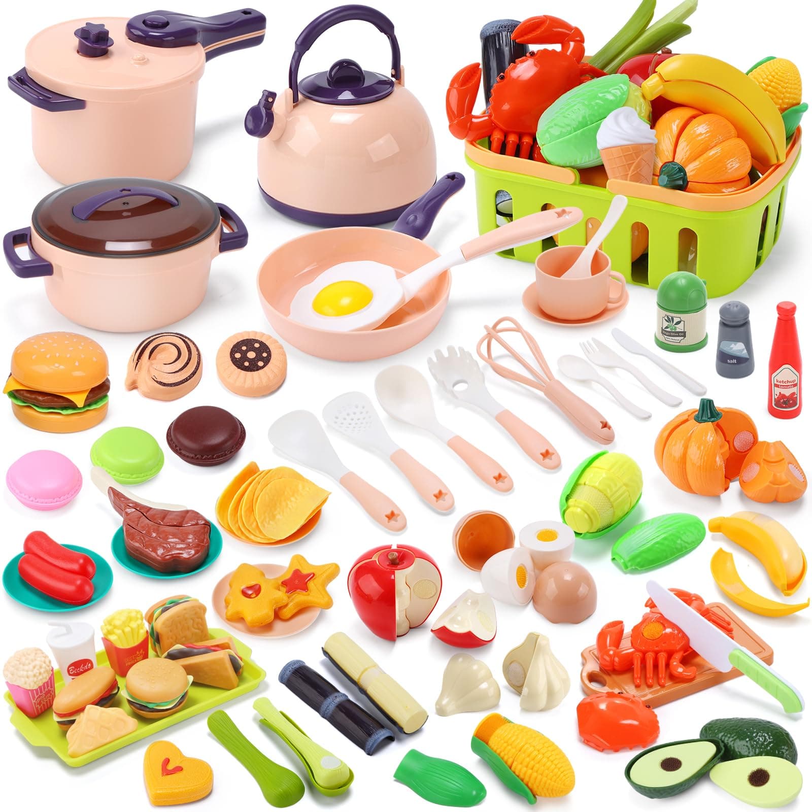 CUTE STONE 70+pcs Kids Play Kitchen Accessories Toy, Complete Cooking Playset with Peelable & Cuttable Play Food, Pots & Pans, Utensils, Shopping Basket, Tray, Learning Gift for Toddlers Age 3-6