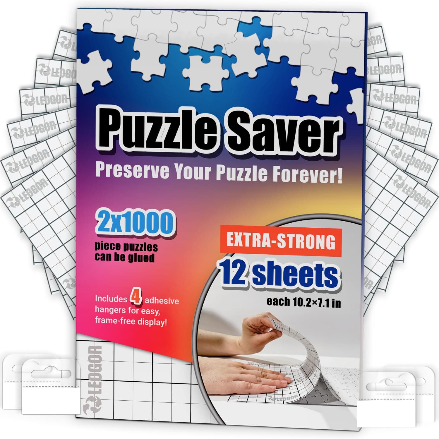 Puzzle Saver Sheets – 12 Extra Strong 10.2 x 7.1 Peel & Stick Puzzle Glue Sheets + 4 Hangers – Preserve Two 1000-Piece Jigsaw Puzzles – Clear Adhesive Backing Kit by LEOGOR