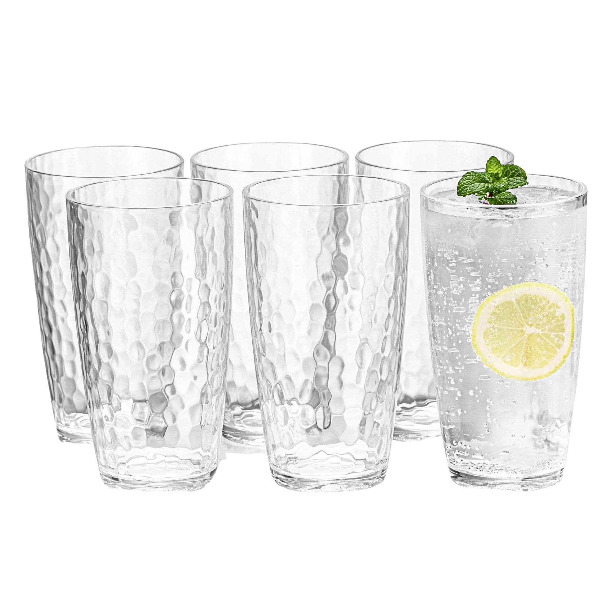 MIYOPESI 20oz Clear Acrylic Glasses Drinkware (Set of 6), Hammered Design Shatter-Proof Plastic Cups, Reusable Plastic Large Drinking Tumblers, Stackable, BPA-Free, Dishwasher-Safe