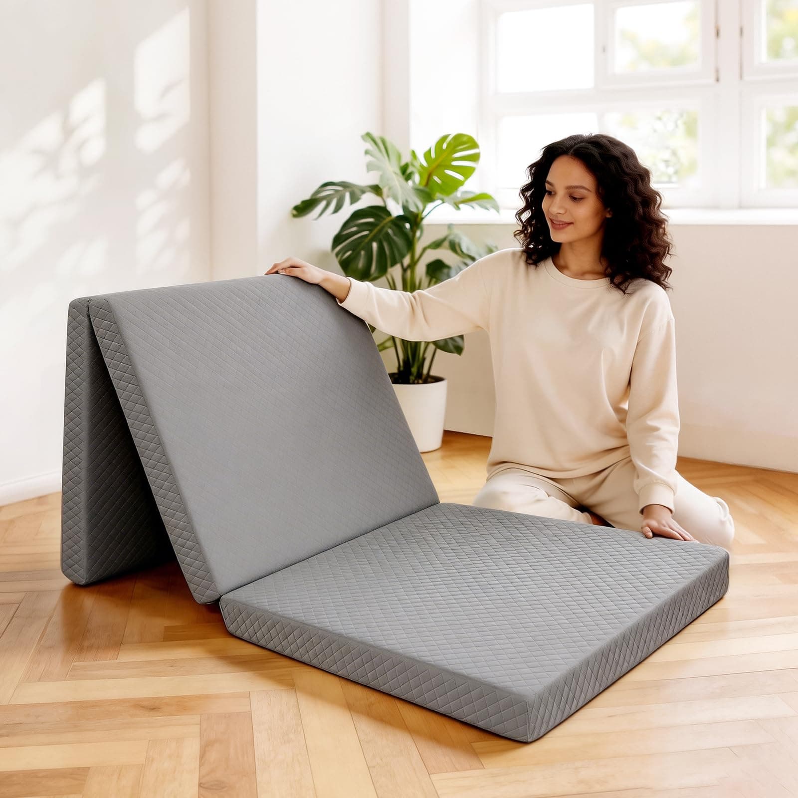 Triple-fold Sponge Mattress Grey with 3-inch Portable Design, Featuring a Collapsible and Washable Cover, Ideal for Travel, Camping, and Yoga Practice.